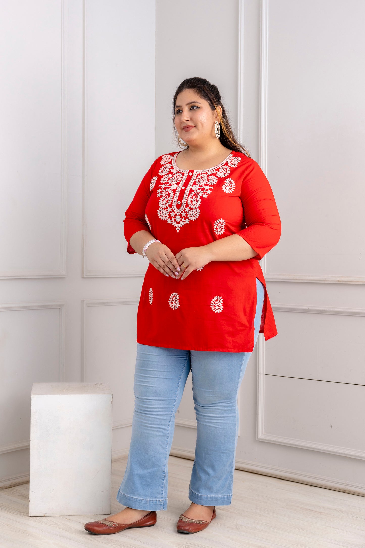 Red Embroidered Pure Cotton Top