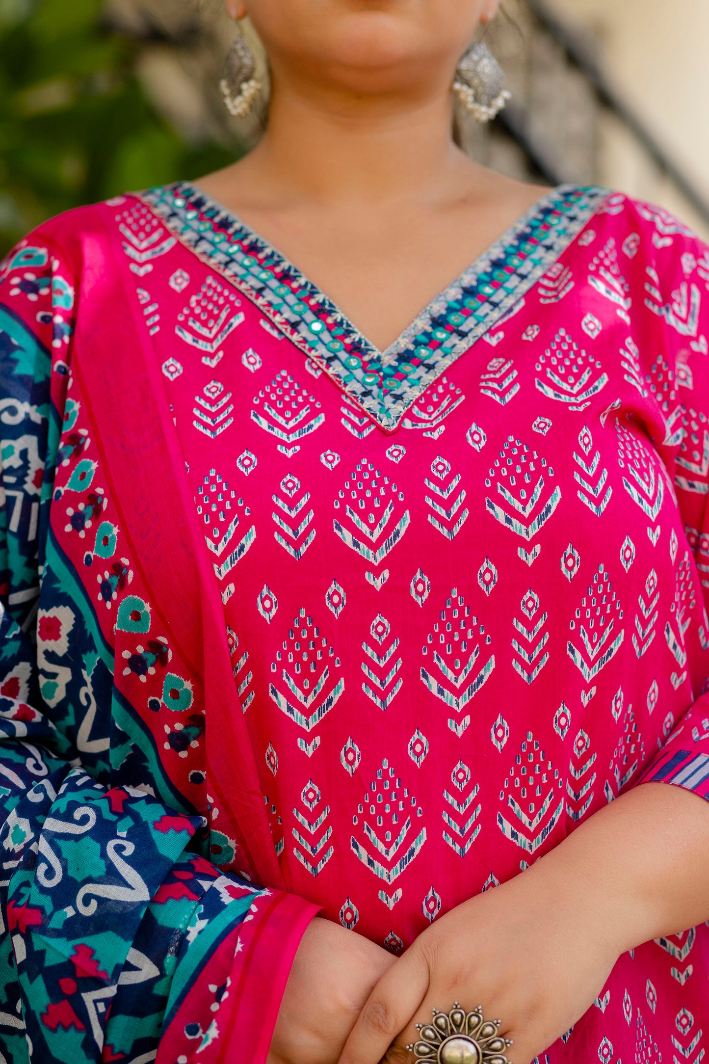 Rani Pink Printed Kurta pant Dupatta Set (Cotton)