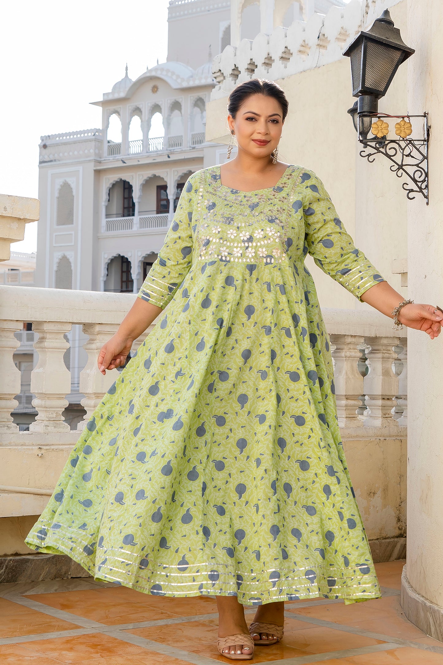 Green Pure Cotton Embroidered Anarkali Kurta & Dupatta Set