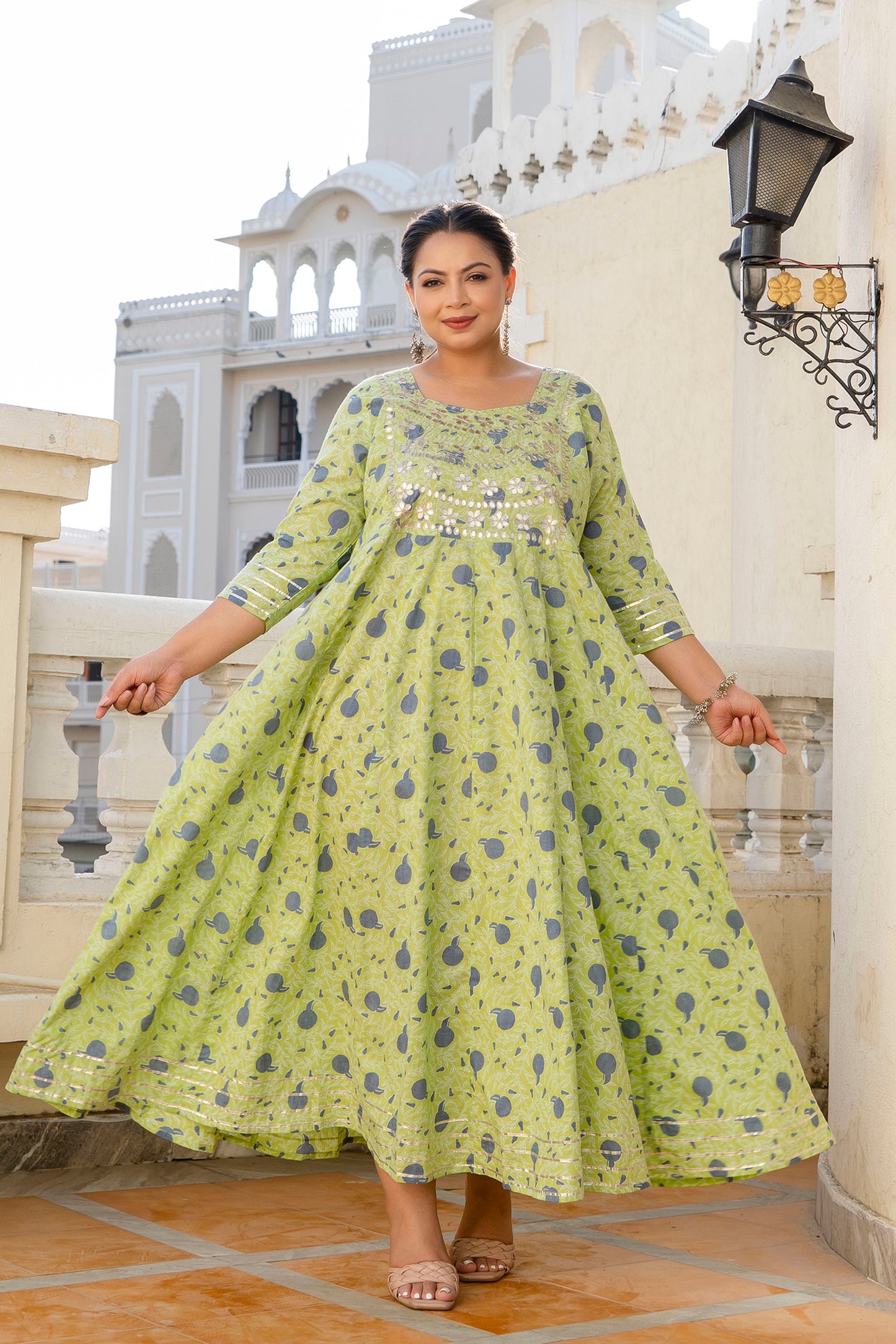 Green Pure Cotton Embroidered Anarkali Kurta & Dupatta Set