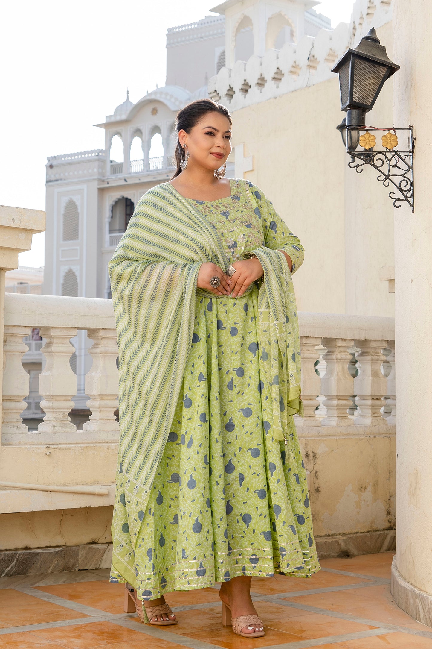 Green Pure Cotton Embroidered Anarkali Kurta & Dupatta Set