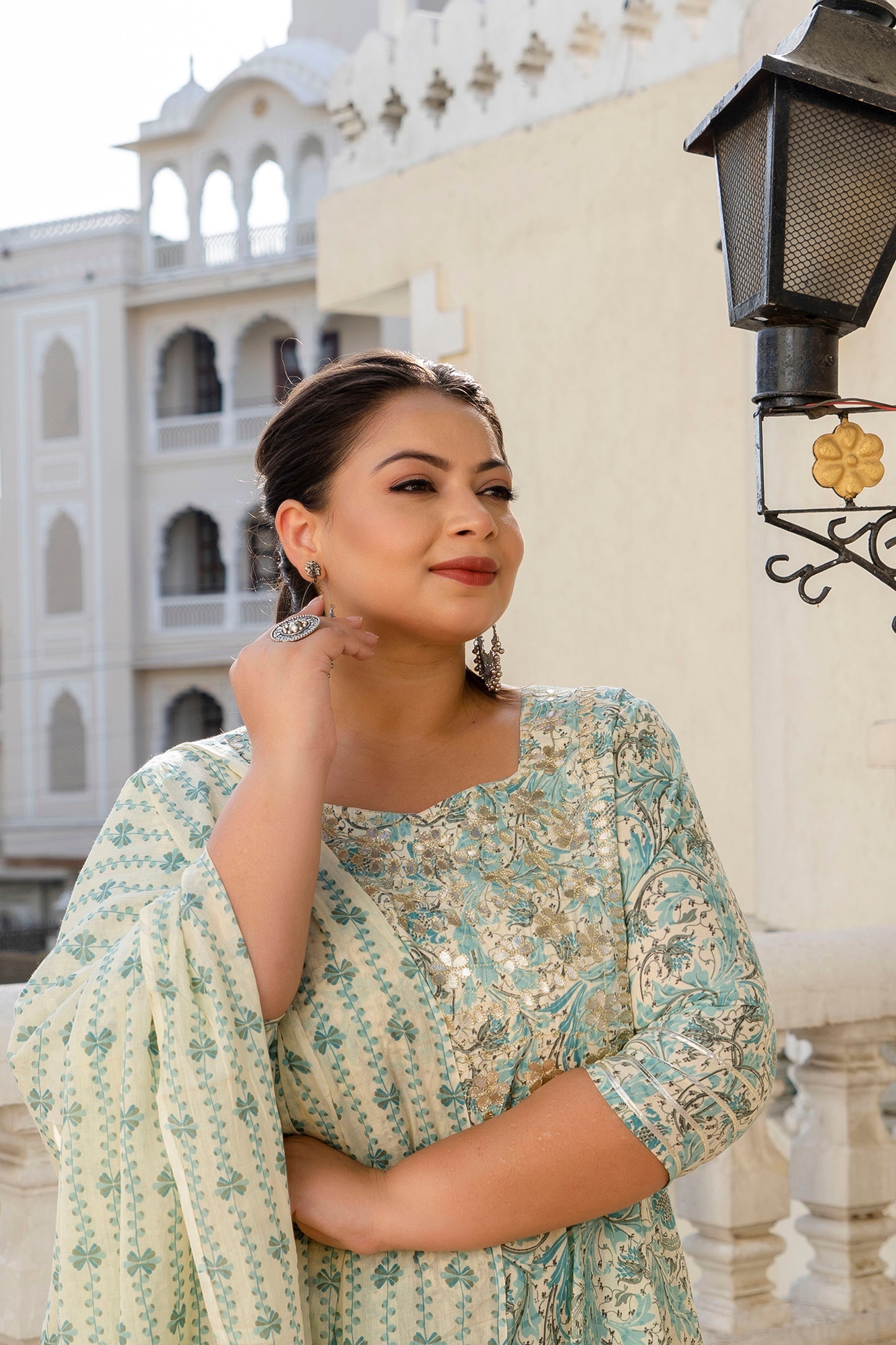 Beige Embroidered Anarkali Kurta & Dupatta Set (Pure Cotton)