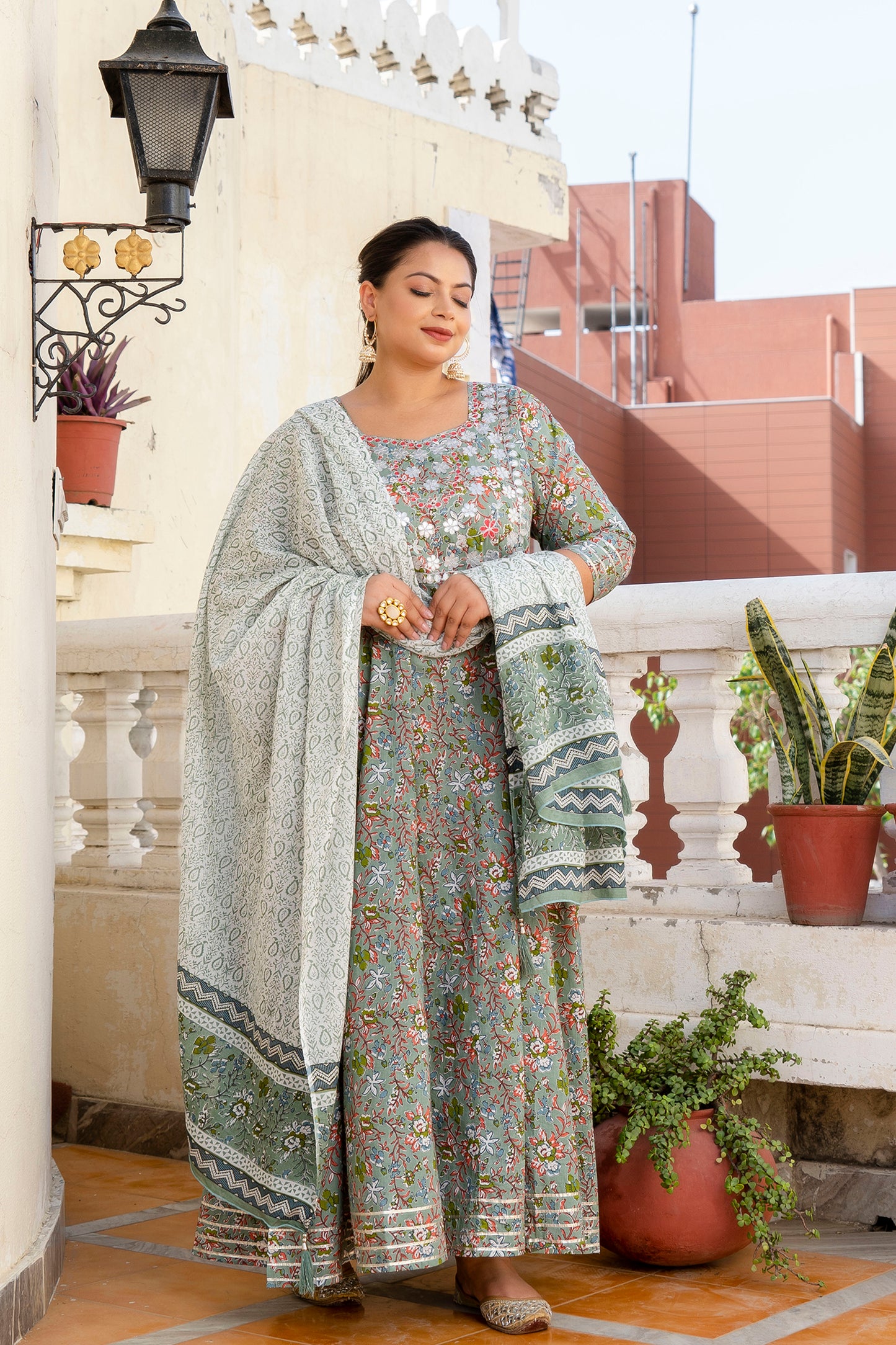 Green Pure Cotton Embroidered Anarkali Kurta & Dupatta Set