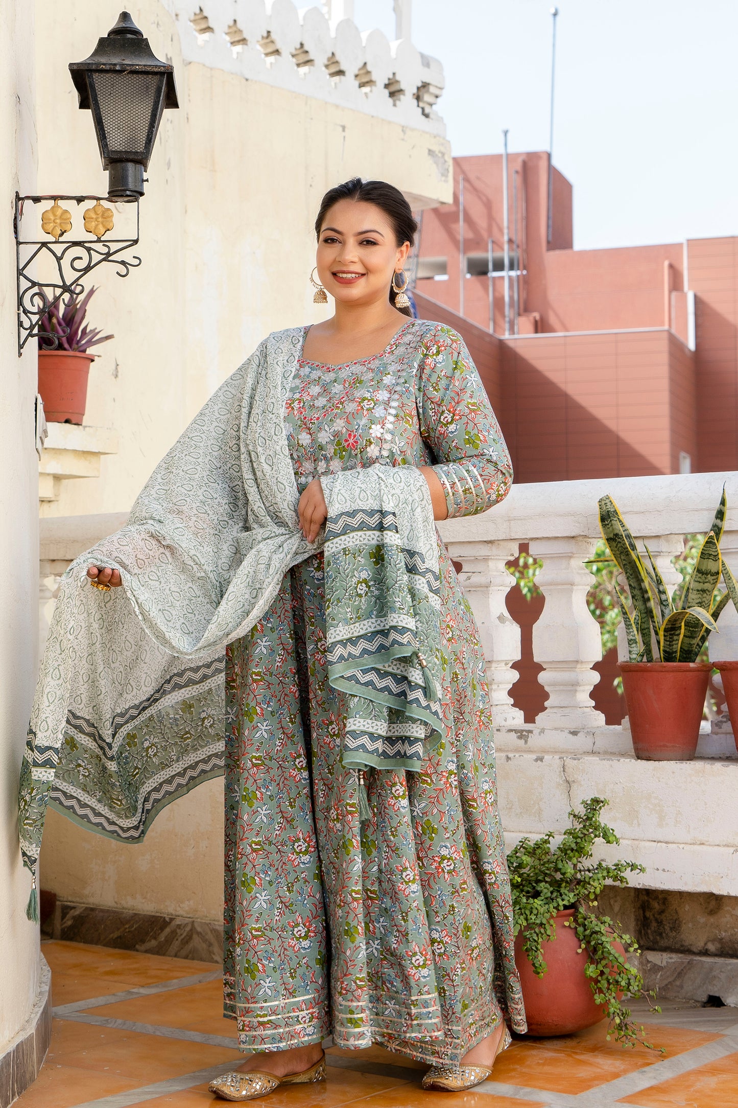 Green Pure Cotton Embroidered Anarkali Kurta & Dupatta Set