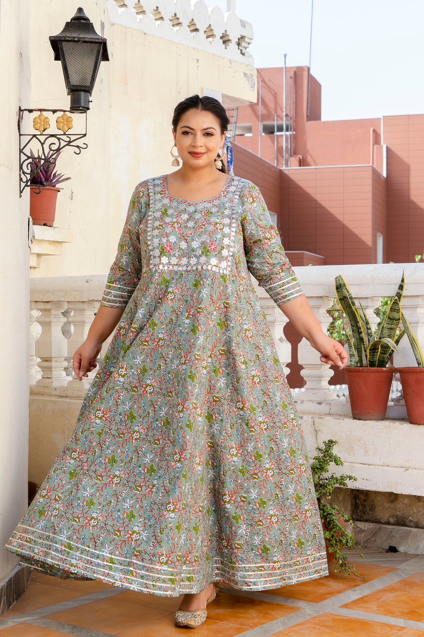 Green Pure Cotton Embroidered Anarkali Kurta & Dupatta Set