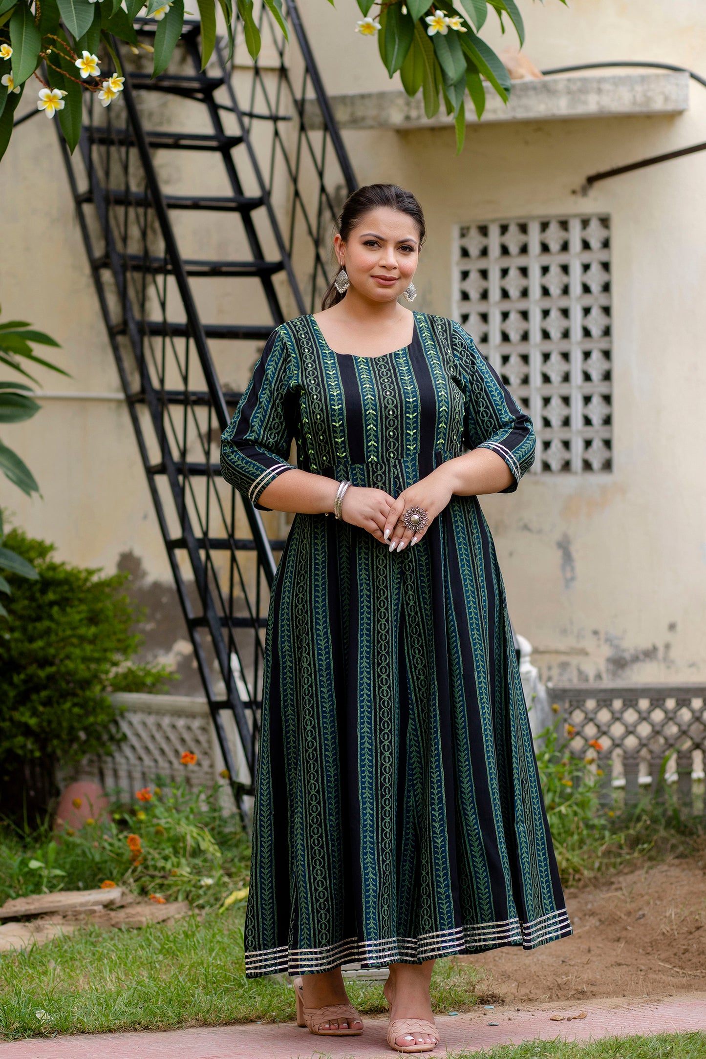 Green Printed Anarkali Kurta with Handwork