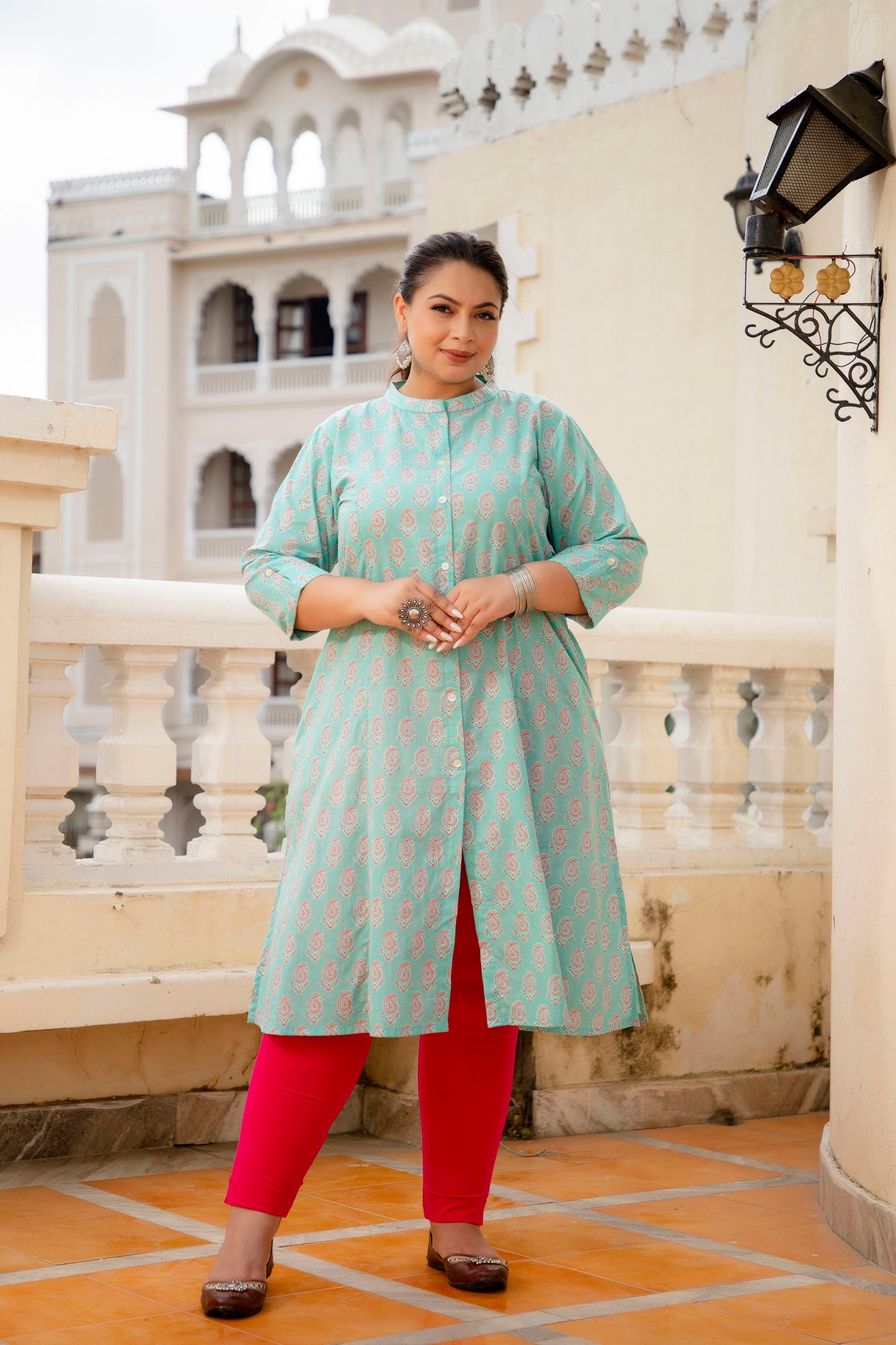 Sea Green Front Slit Princess Cut 'A' Line Kurta