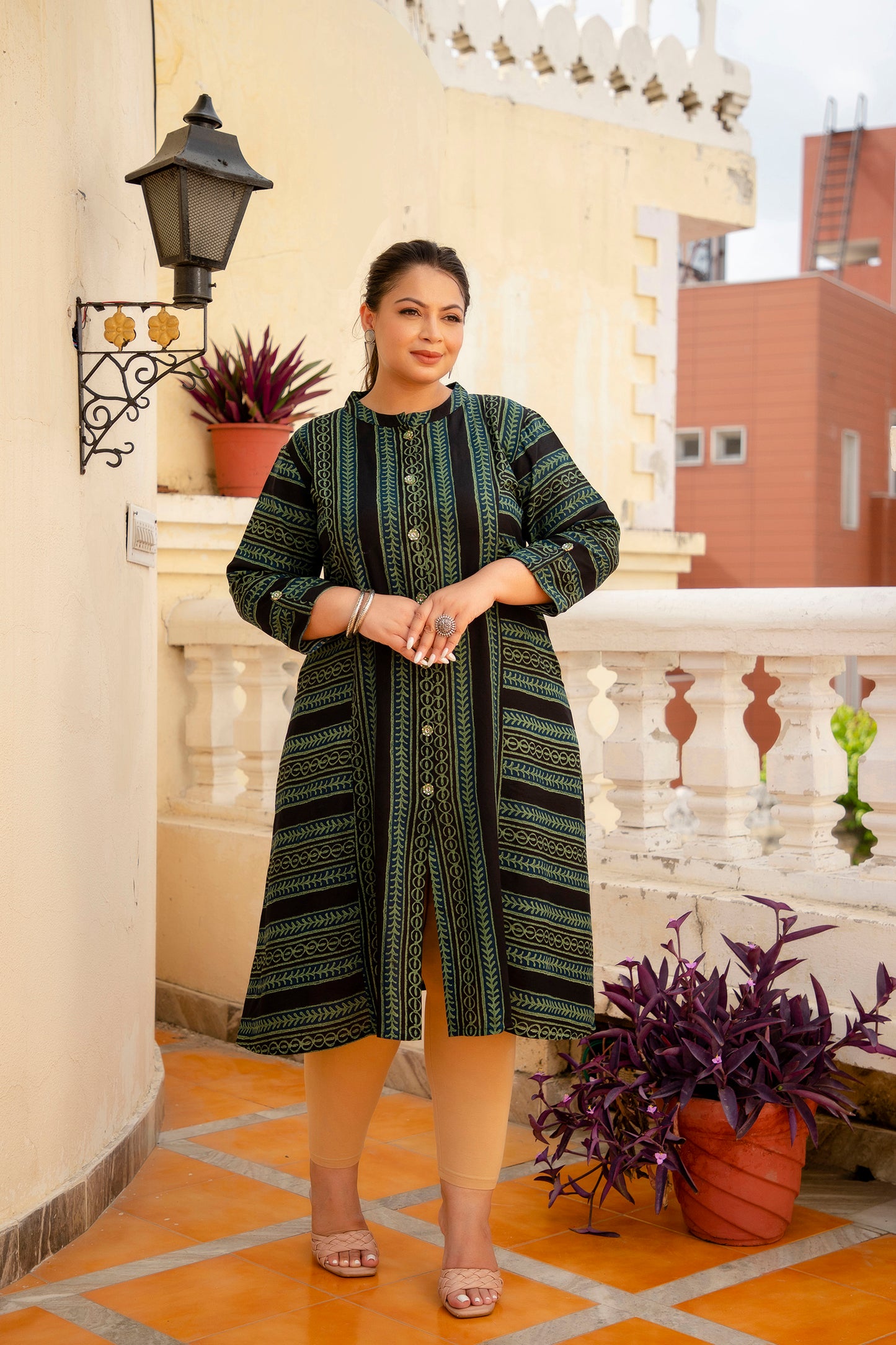 Royal Green Front Slit Princess Cut 'A' Line Kurta