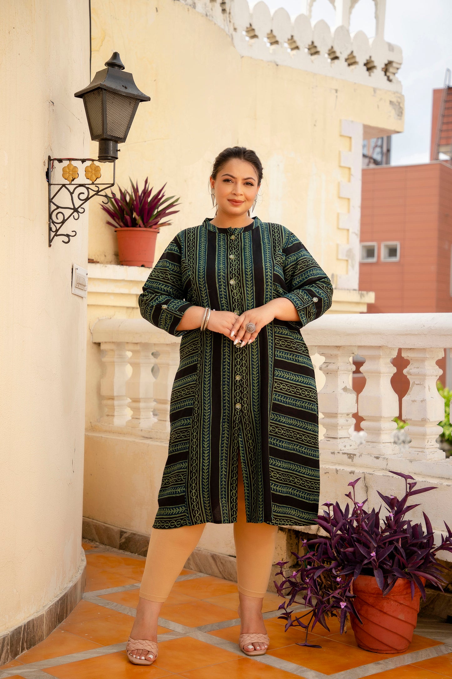 Royal Green Front Slit Princess Cut 'A' Line Kurta