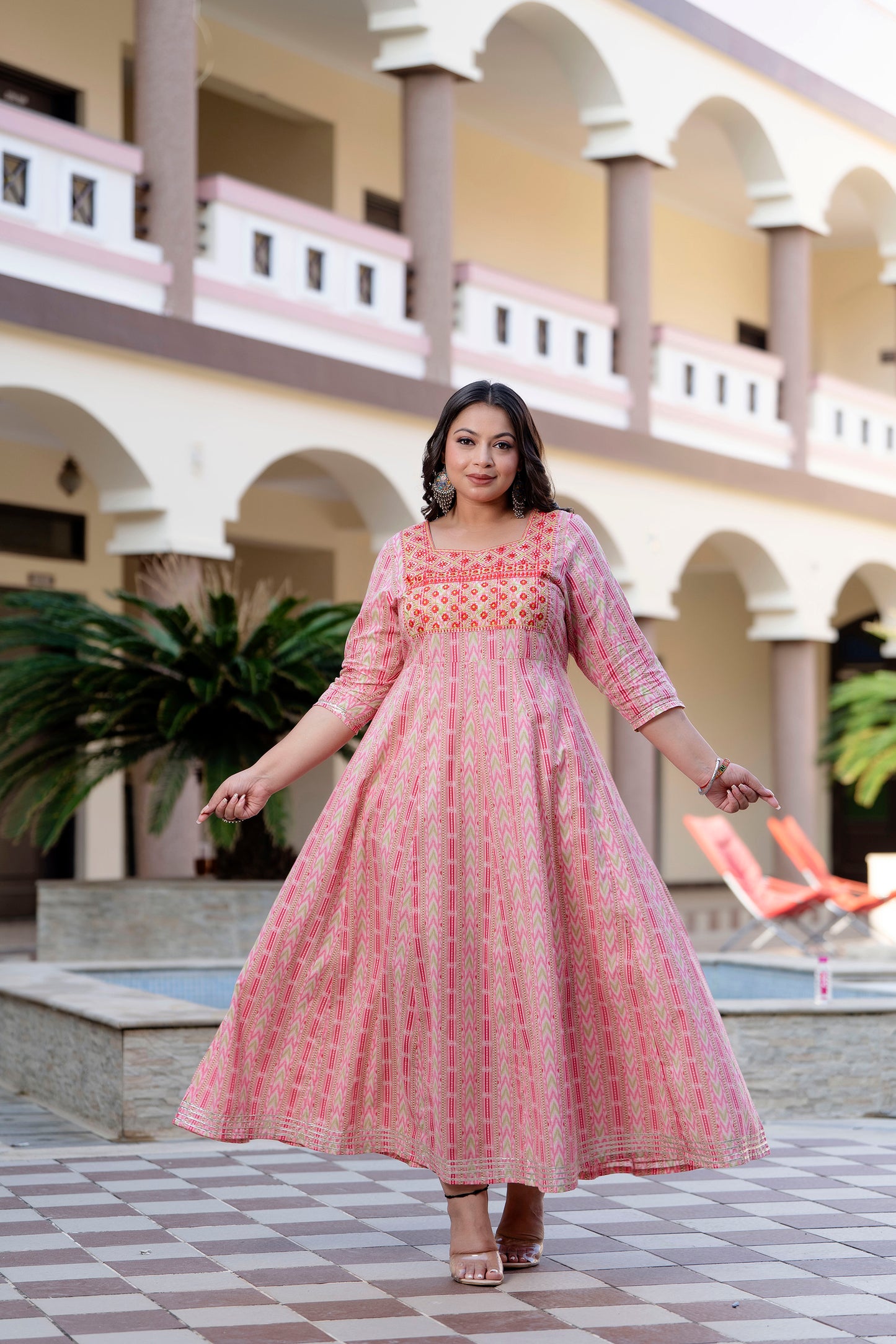 Pink Embroidered Anarkali Kurta & Dupatta Set (Pure Cotton)