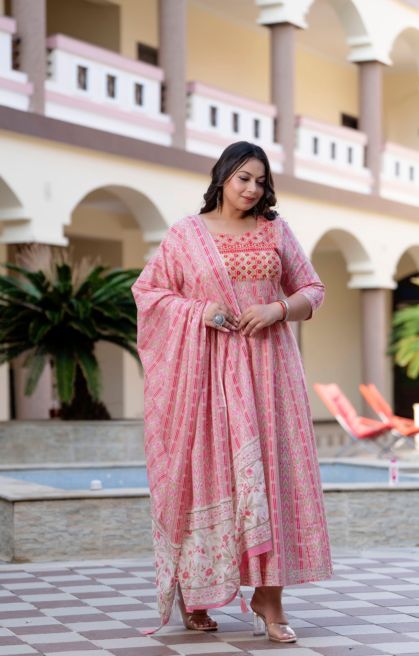 Pink Embroidered Anarkali Kurta & Dupatta Set (Pure Cotton)