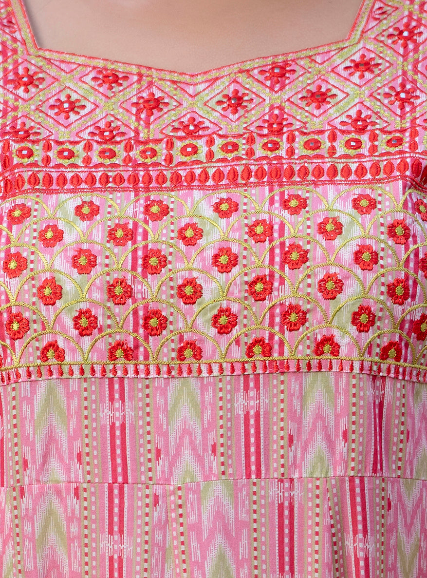 Pink Embroidered Anarkali Kurta & Dupatta Set (Pure Cotton)