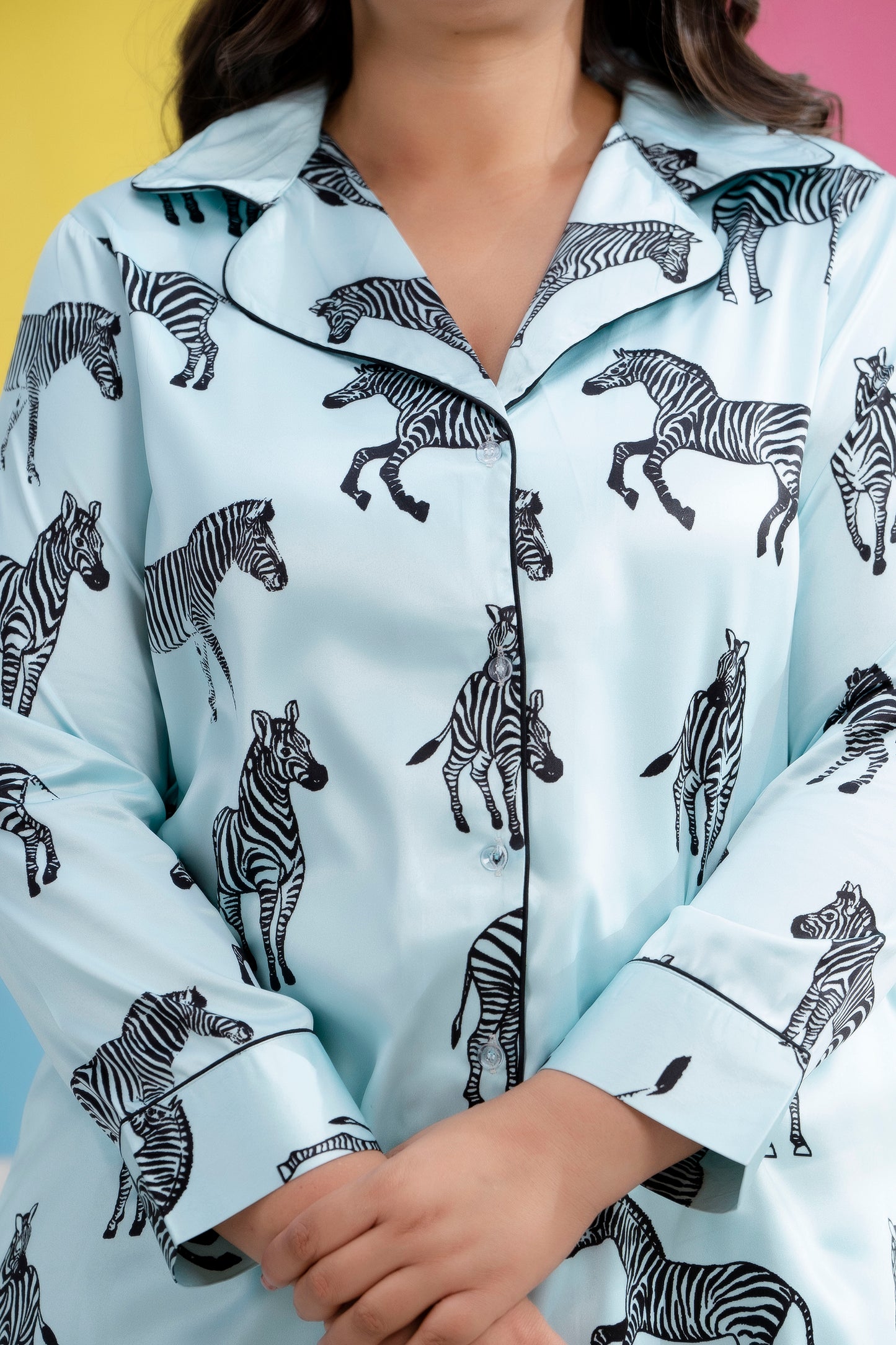 Light Sky Blue Printed Night Suit Shirt & Pajama Set