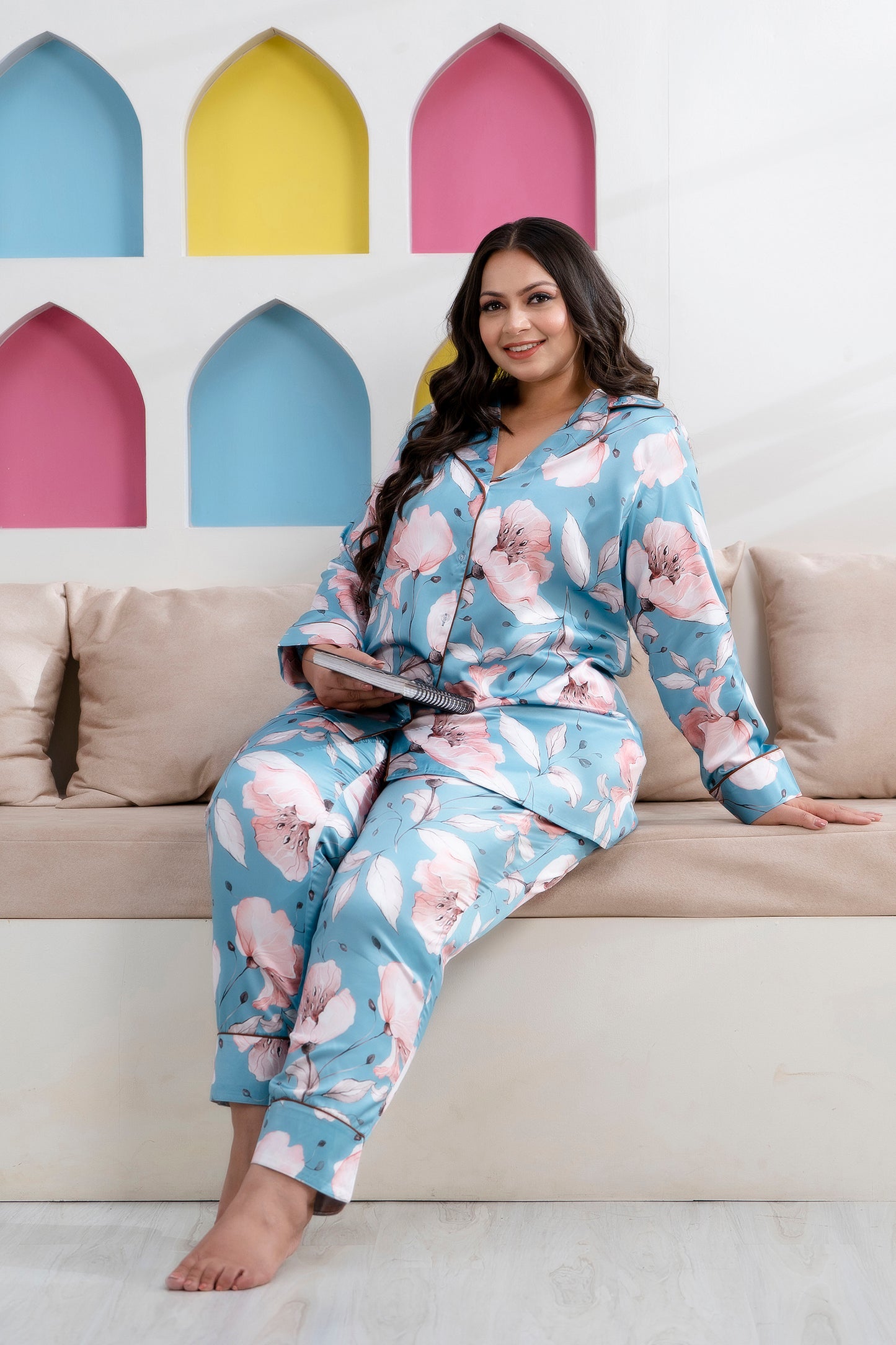Light Sea Green Printed Night Suit Shirt & Pajama Set