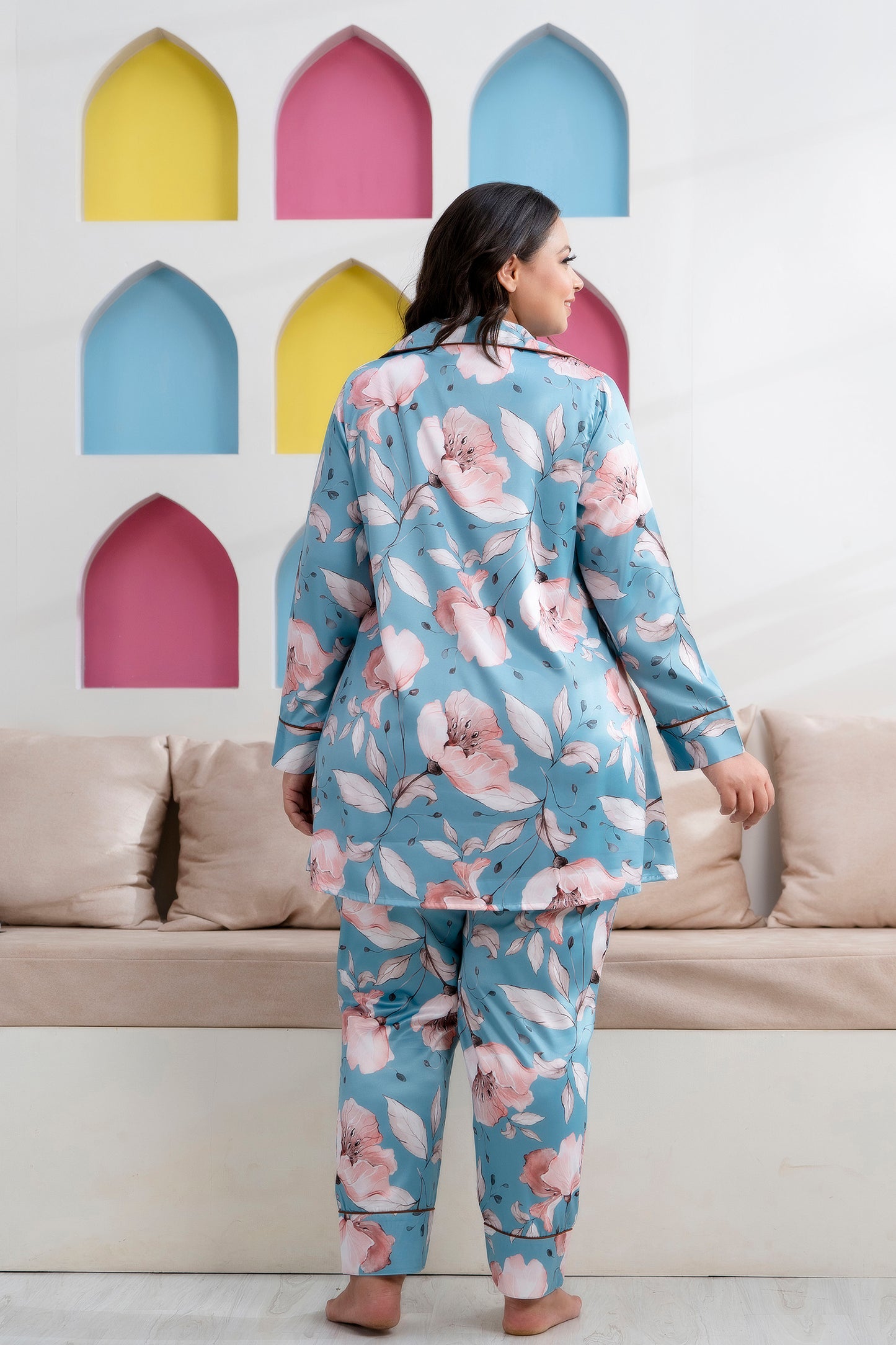 Light Sea Green Printed Night Suit Shirt & Pajama Set