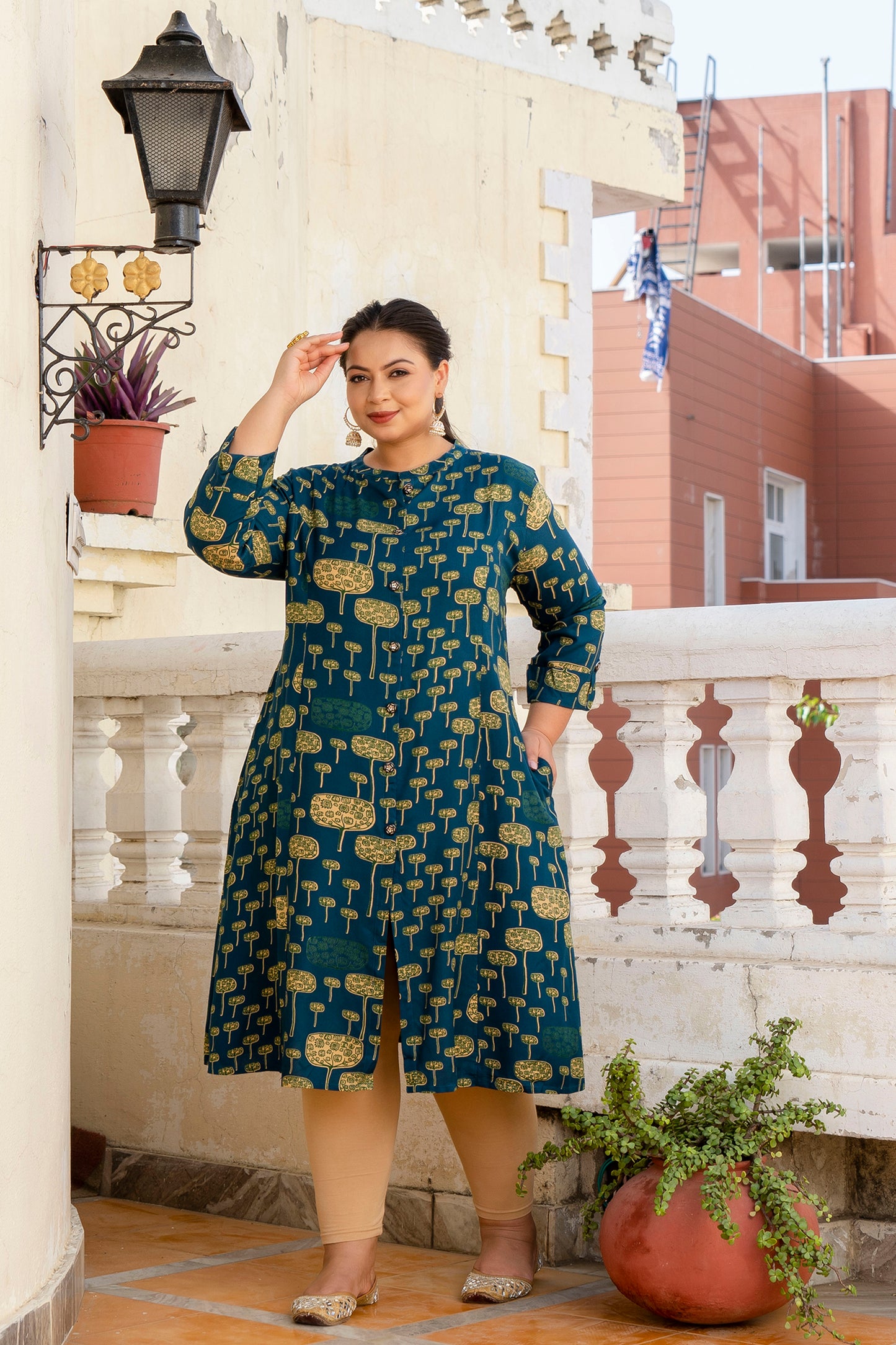 Green Front Slit Princess Cut 'A' Line Kurti