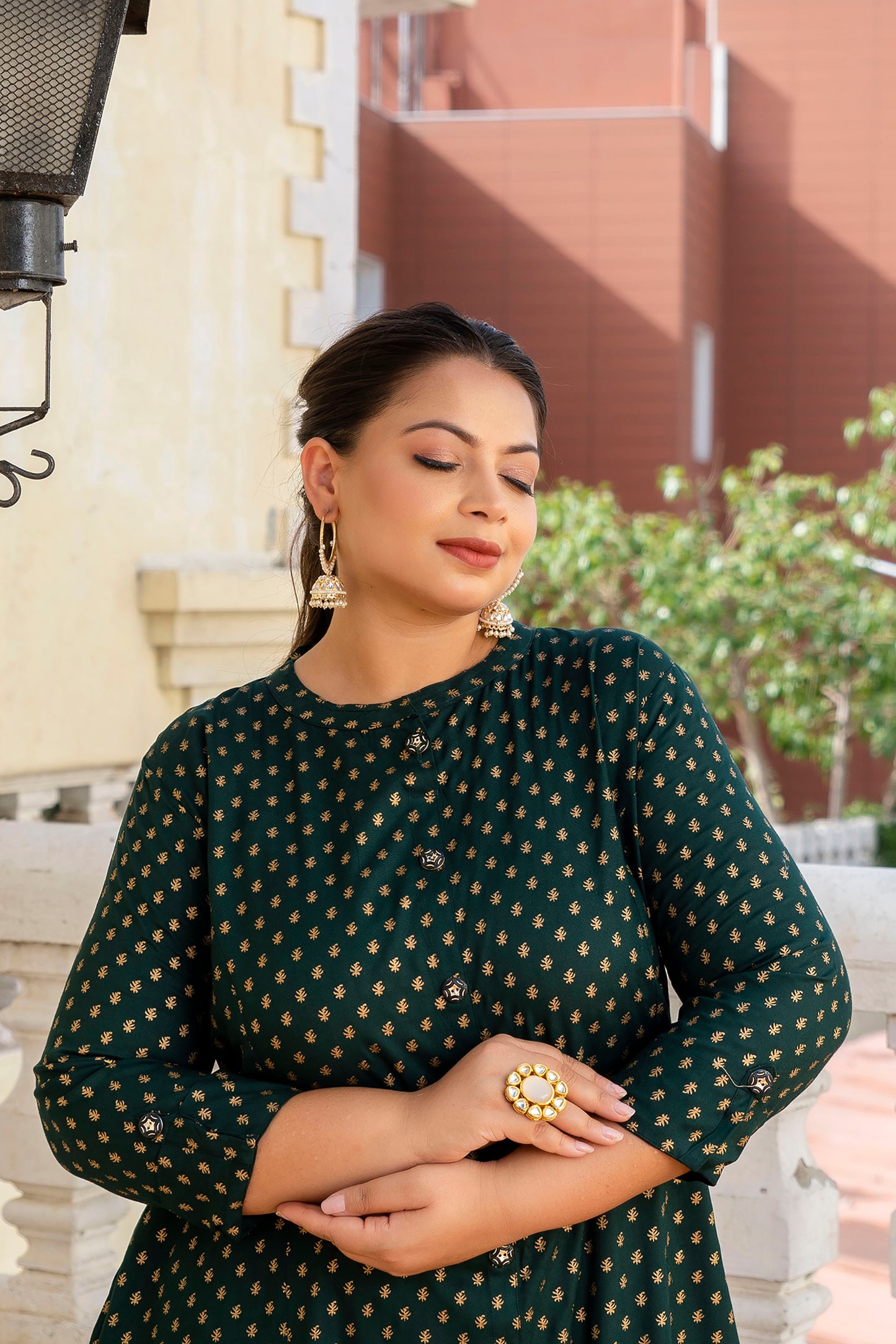 Bottle Green Front Slit Princess Cut 'A' Line Kurti