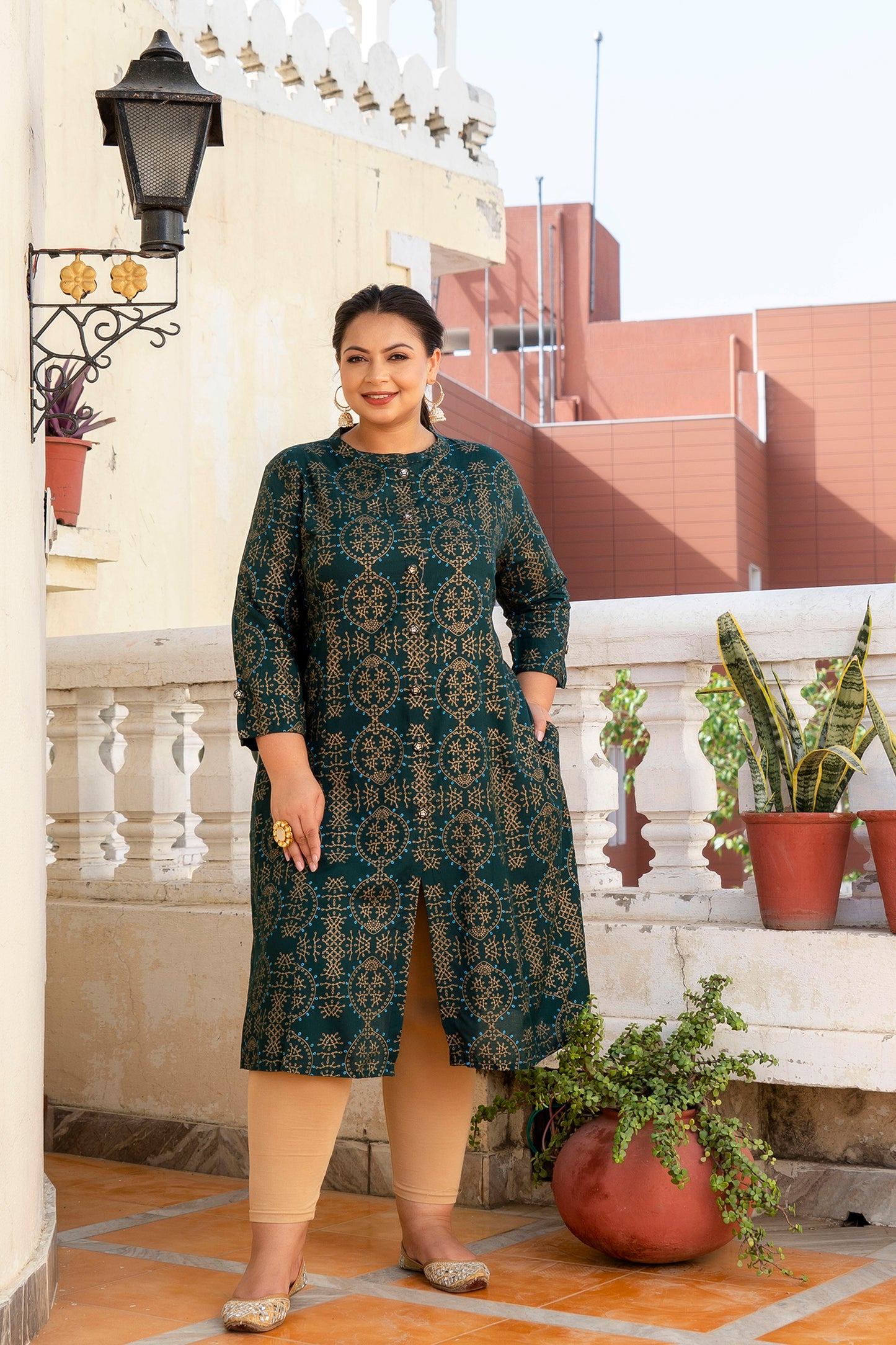 Green Front Slit Princess Cut 'A' Line Kurti