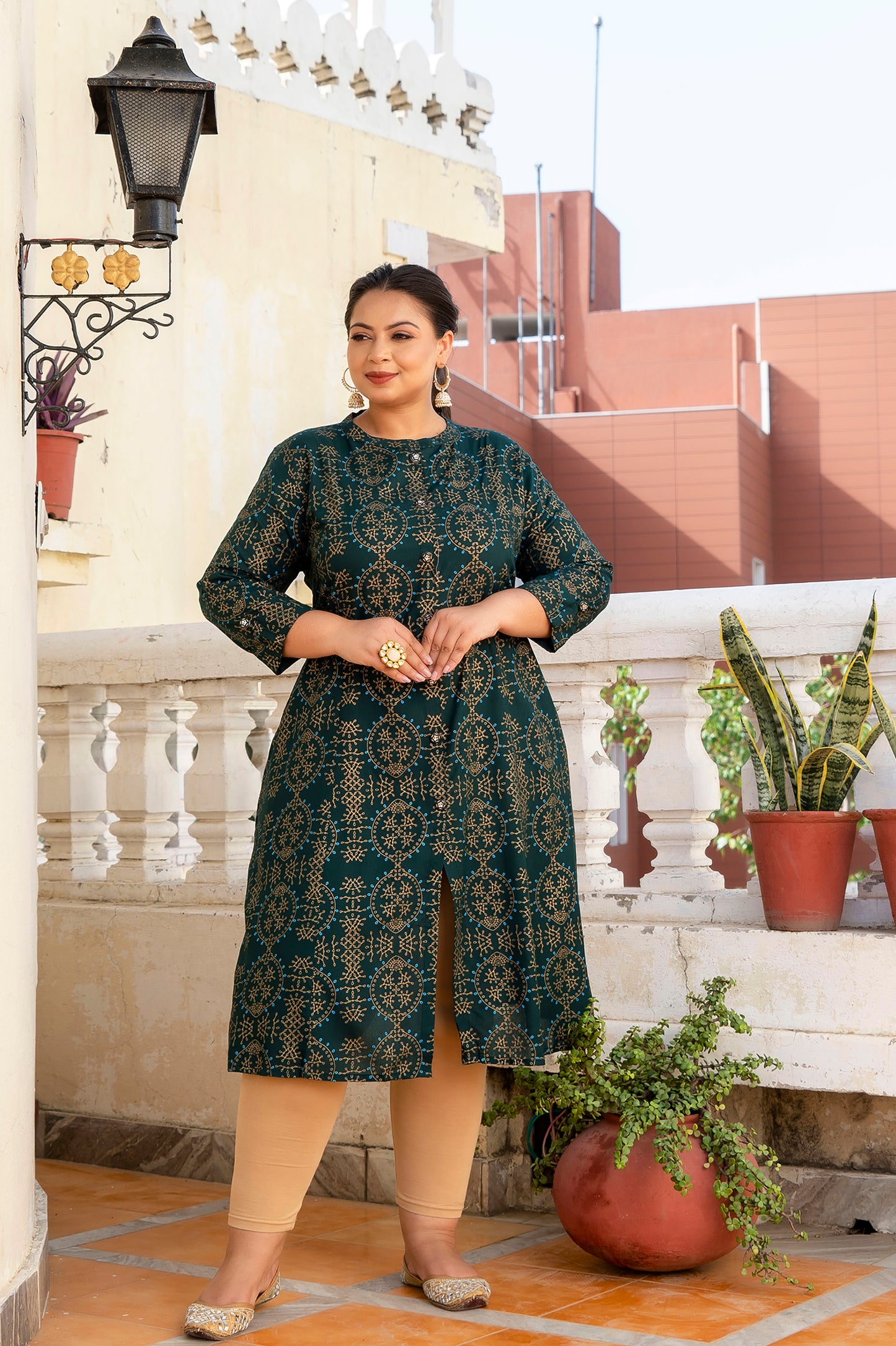 Green Front Slit Princess Cut 'A' Line Kurti