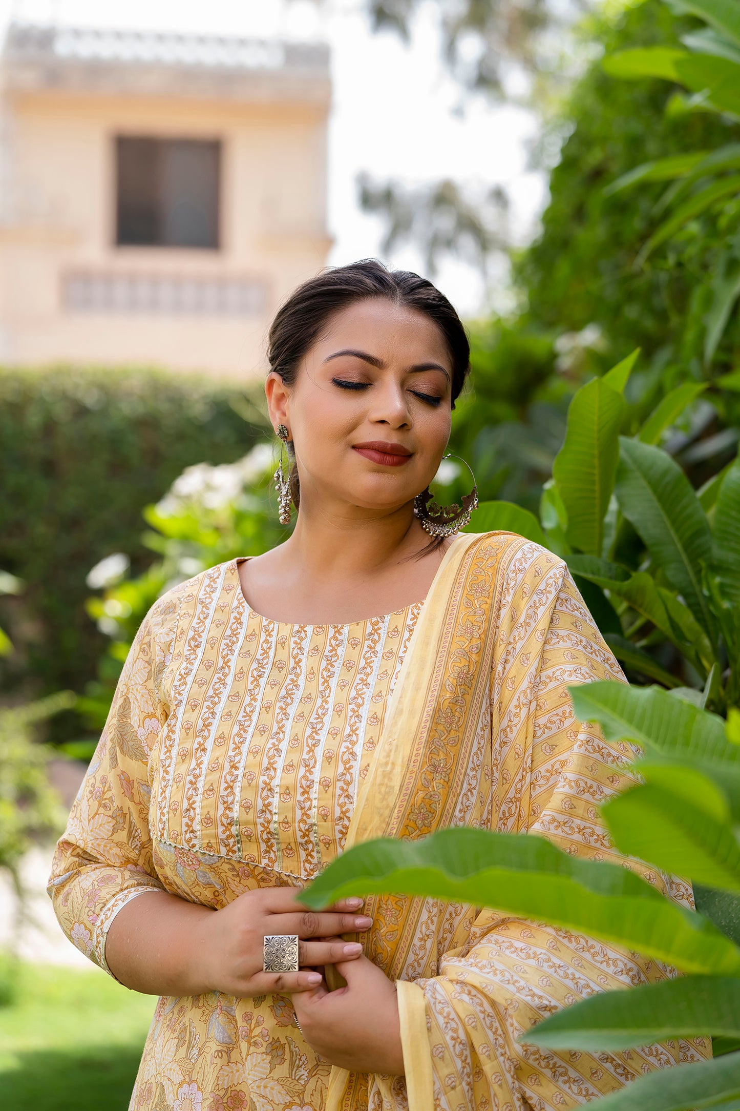 Light yellow Printed Kurta pant Dupatta Set