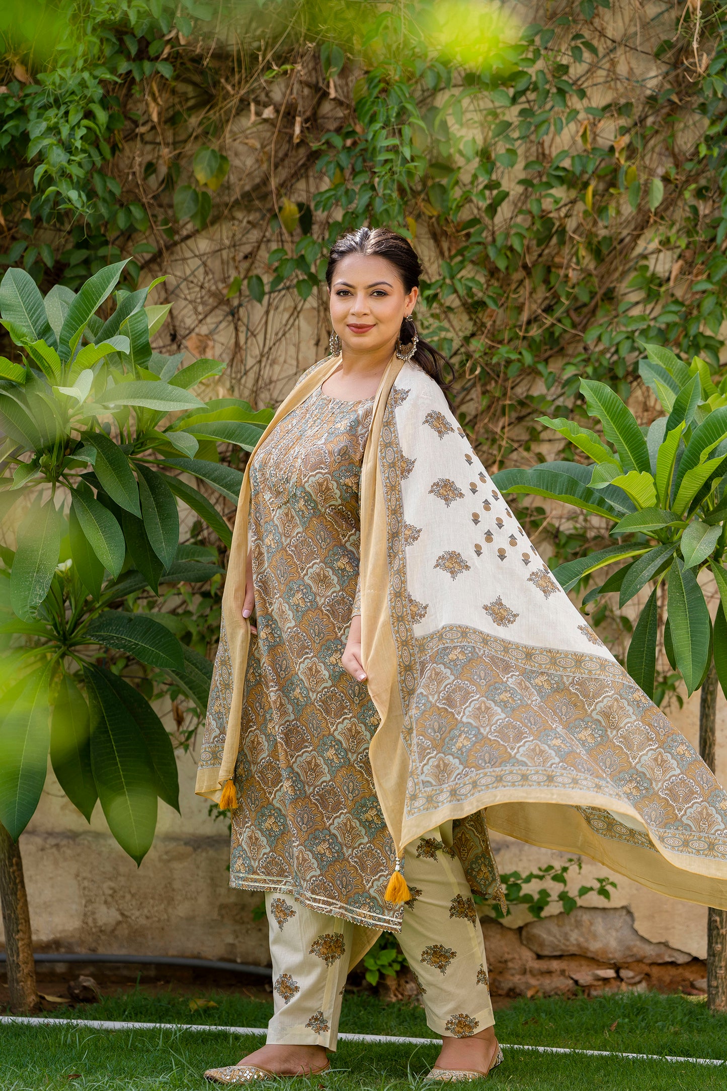 Light Brown Printed Kurta pant Dupatta Set