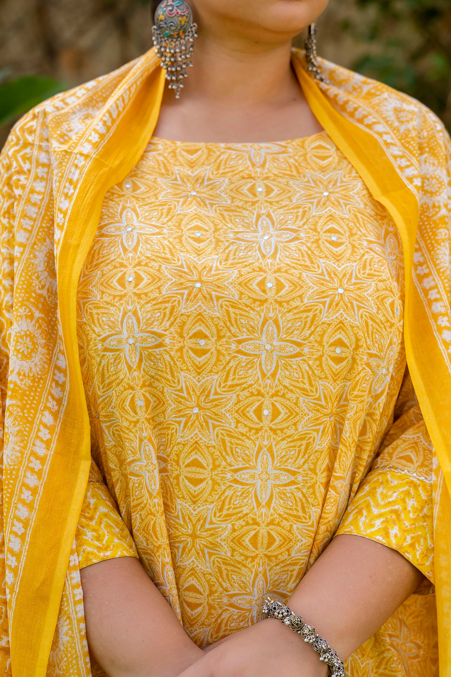 Yellow Mirror Work Kurta pant Dupatta Set