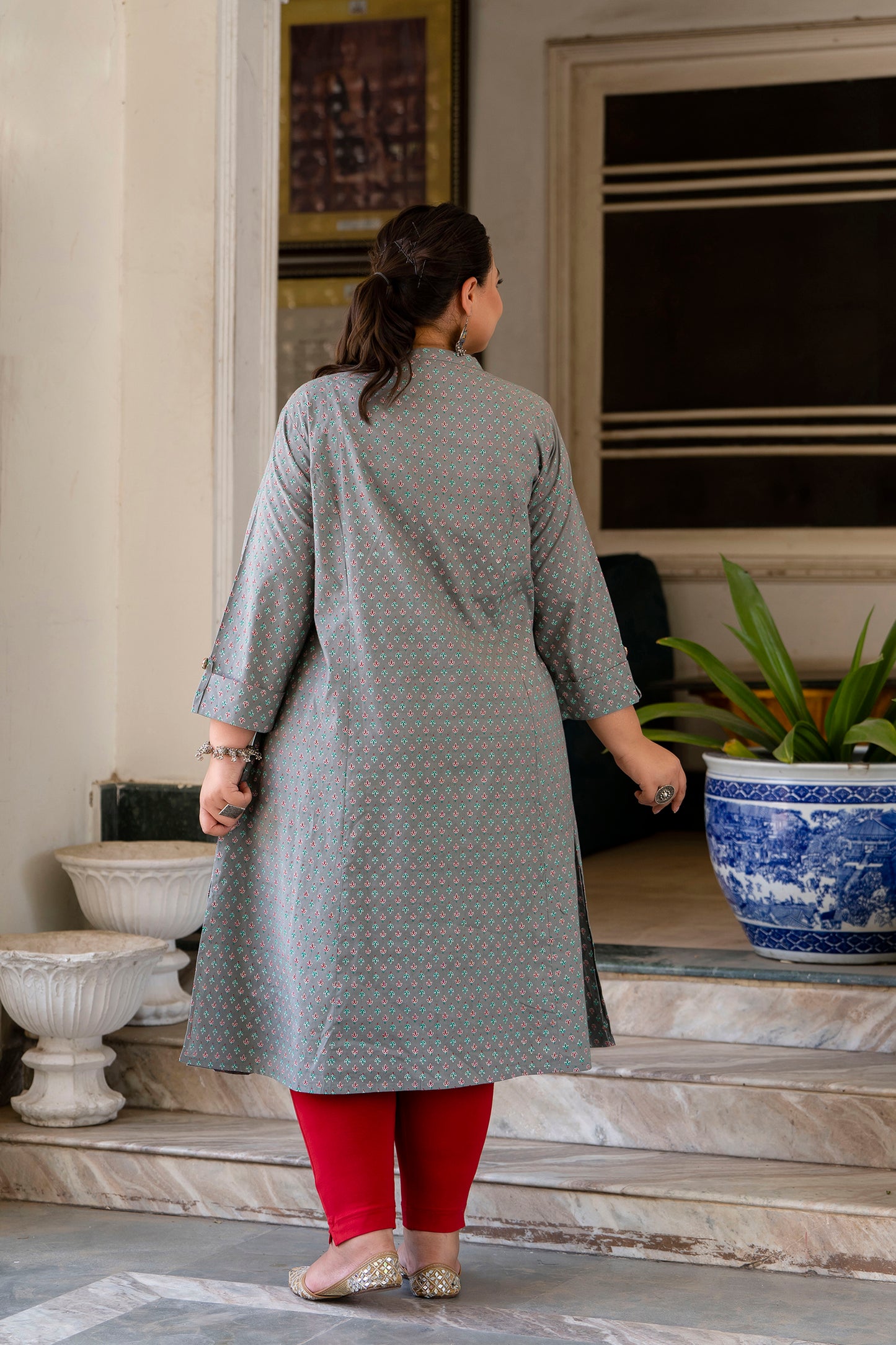 Grey Pure Cotton Front Slit 'A' Line Kurti