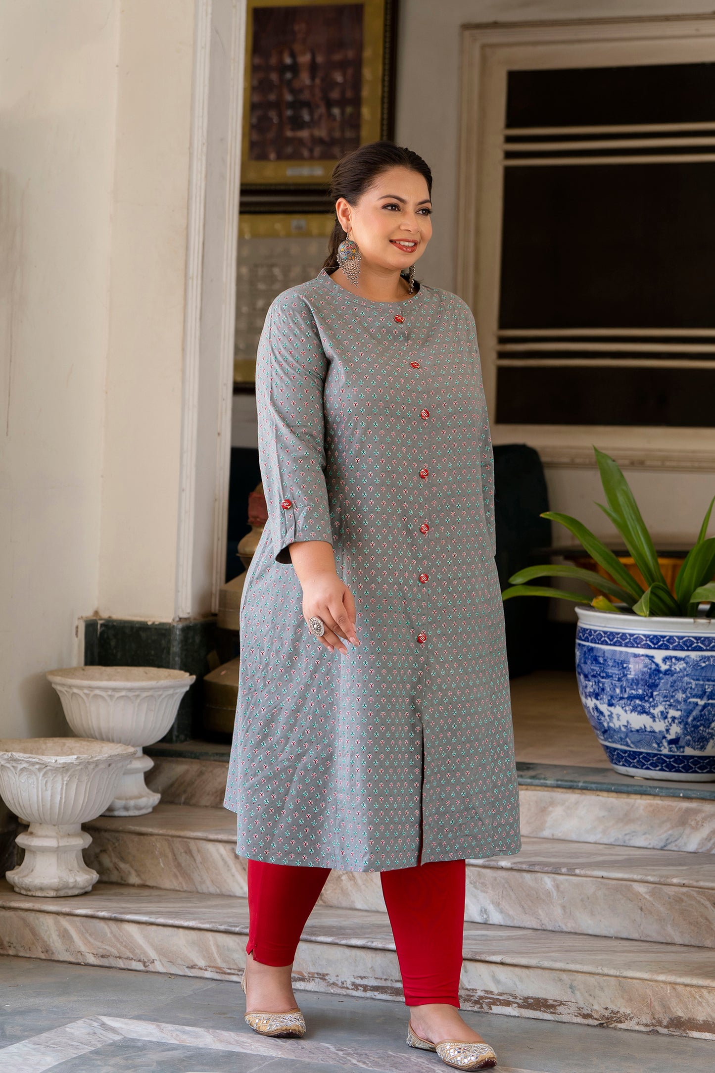 Grey Pure Cotton Front Slit 'A' Line Kurti