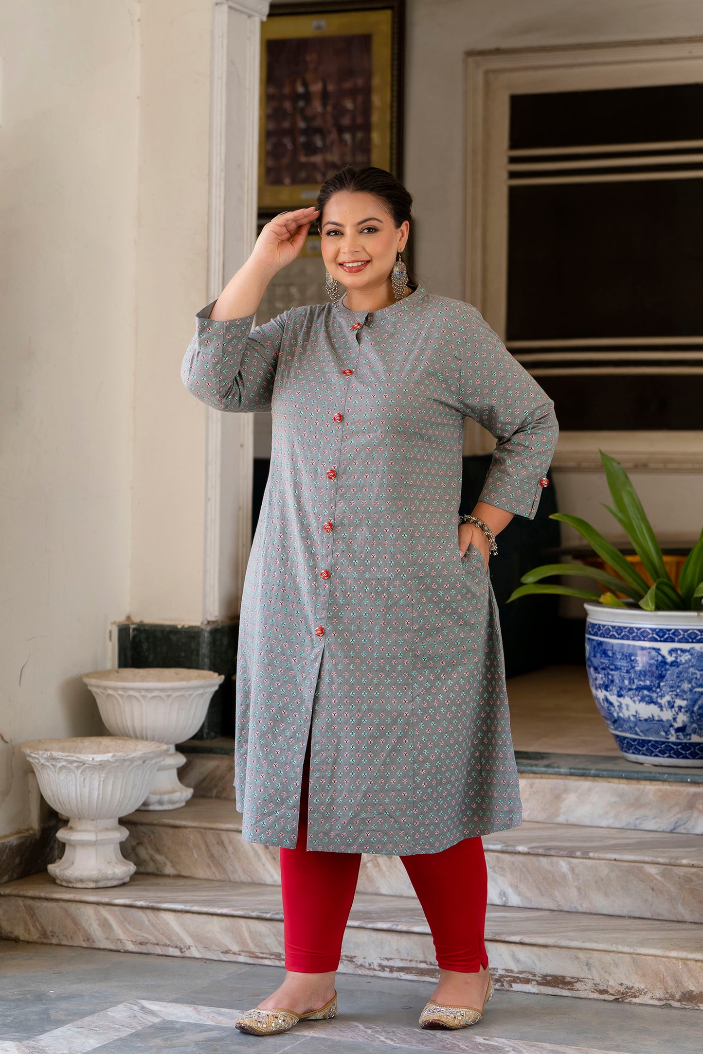 Grey Pure Cotton Front Slit 'A' Line Kurti