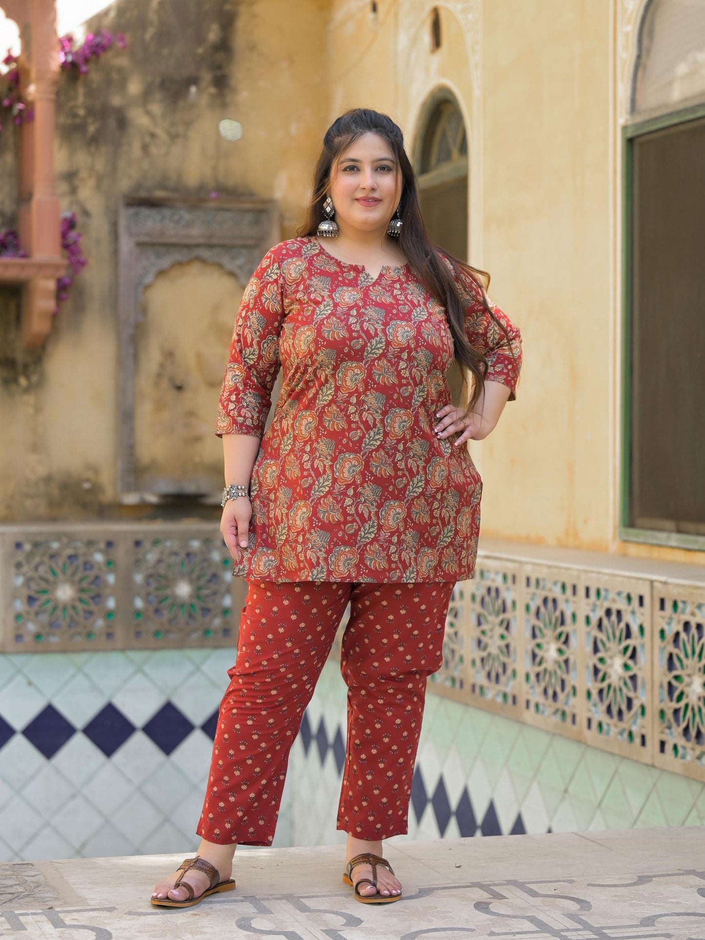 Maroon Floral Print Pure Cotton Co-Ord Set