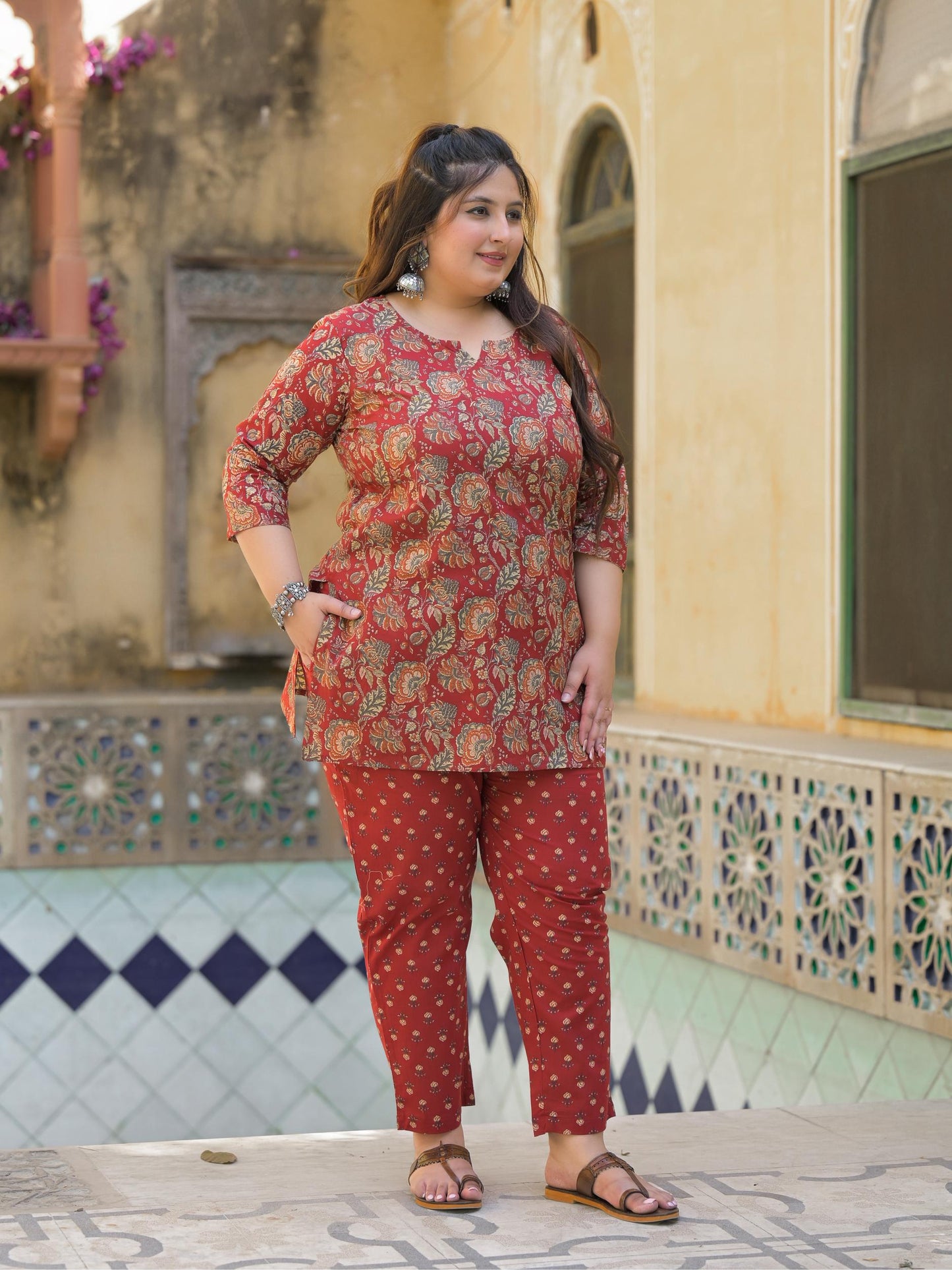 Maroon Floral Print Pure Cotton Co-Ord Set