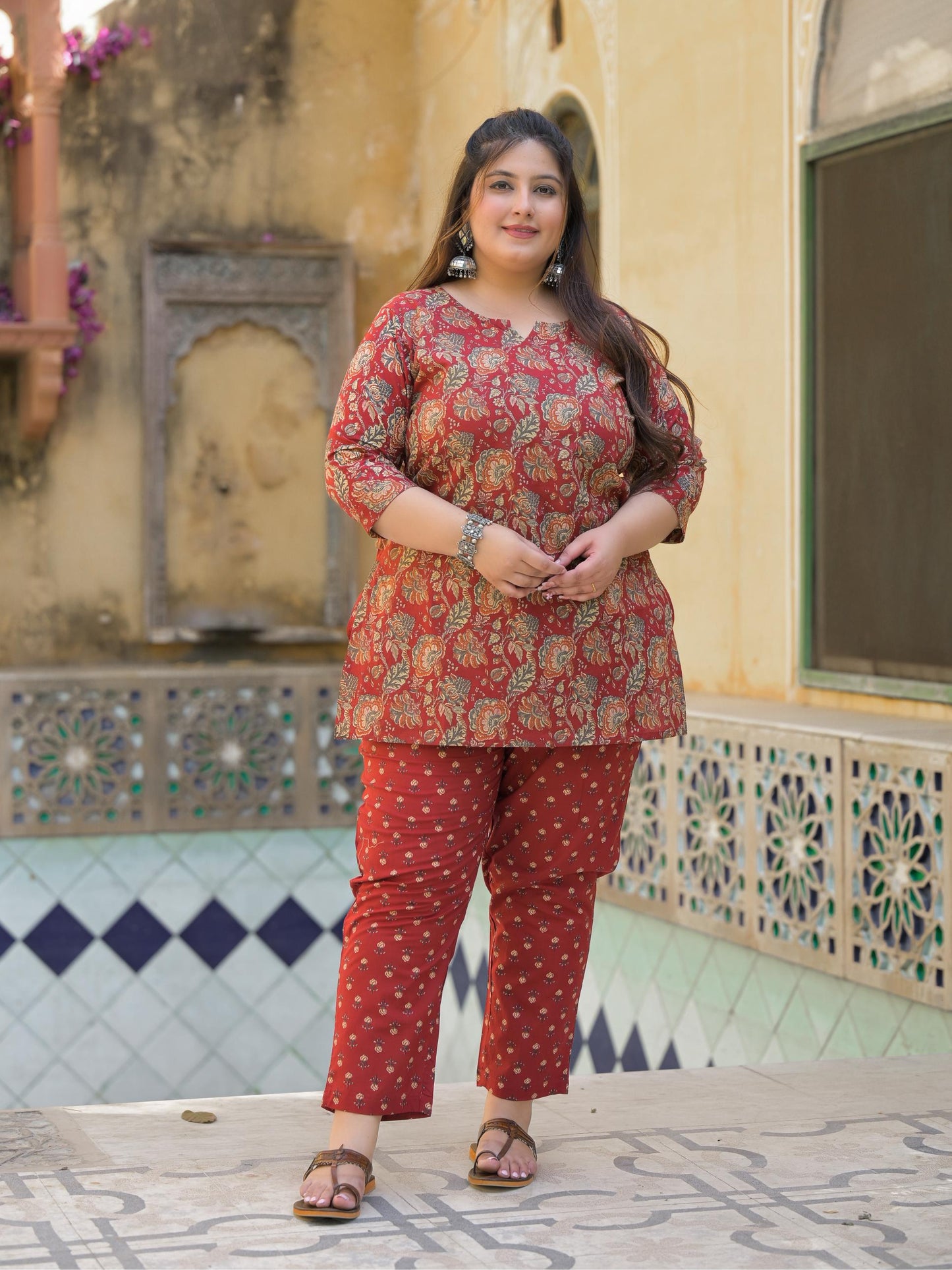 Maroon Floral Print Pure Cotton Co-Ord Set