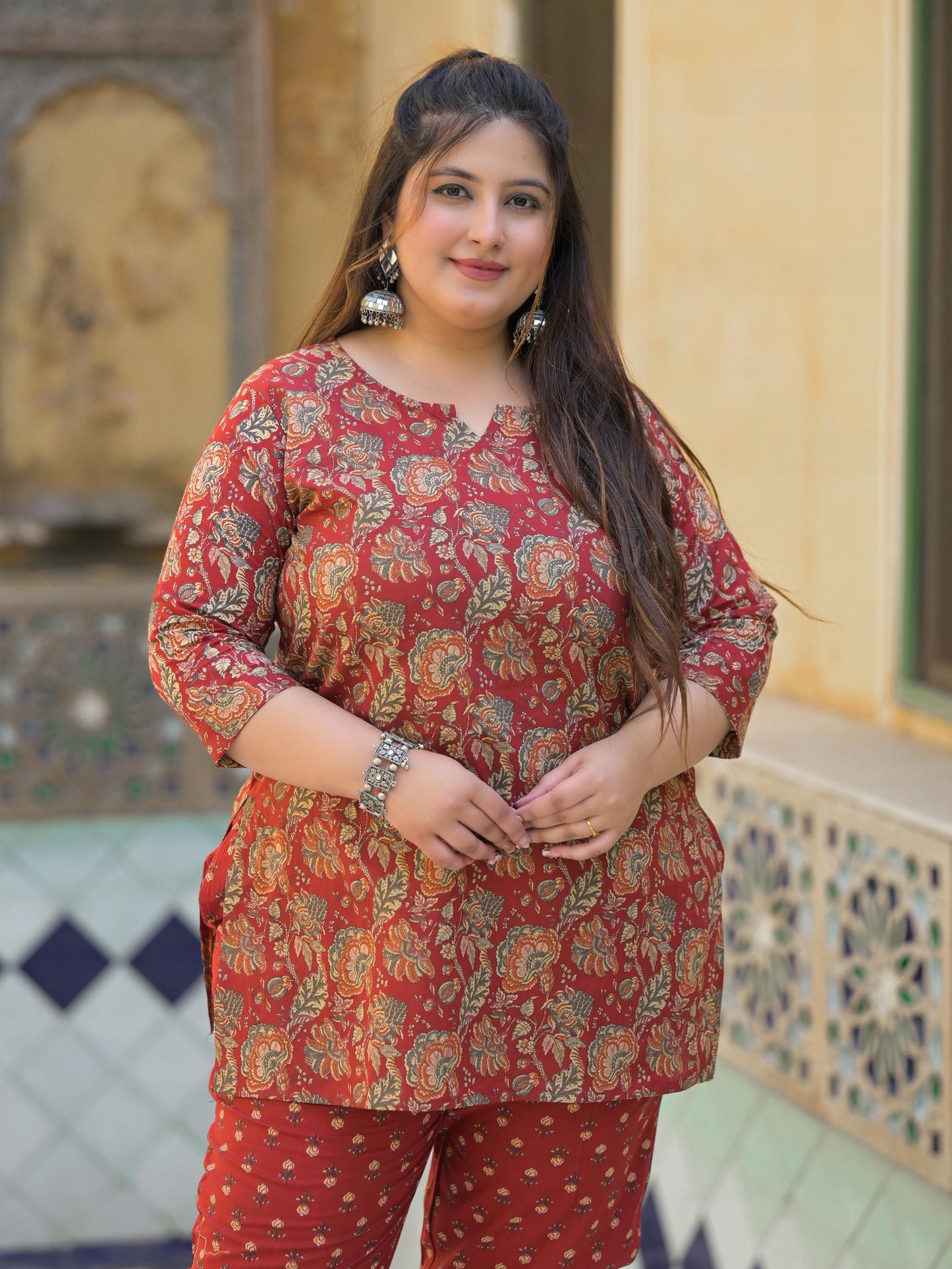 Maroon Floral Print Pure Cotton Co-Ord Set