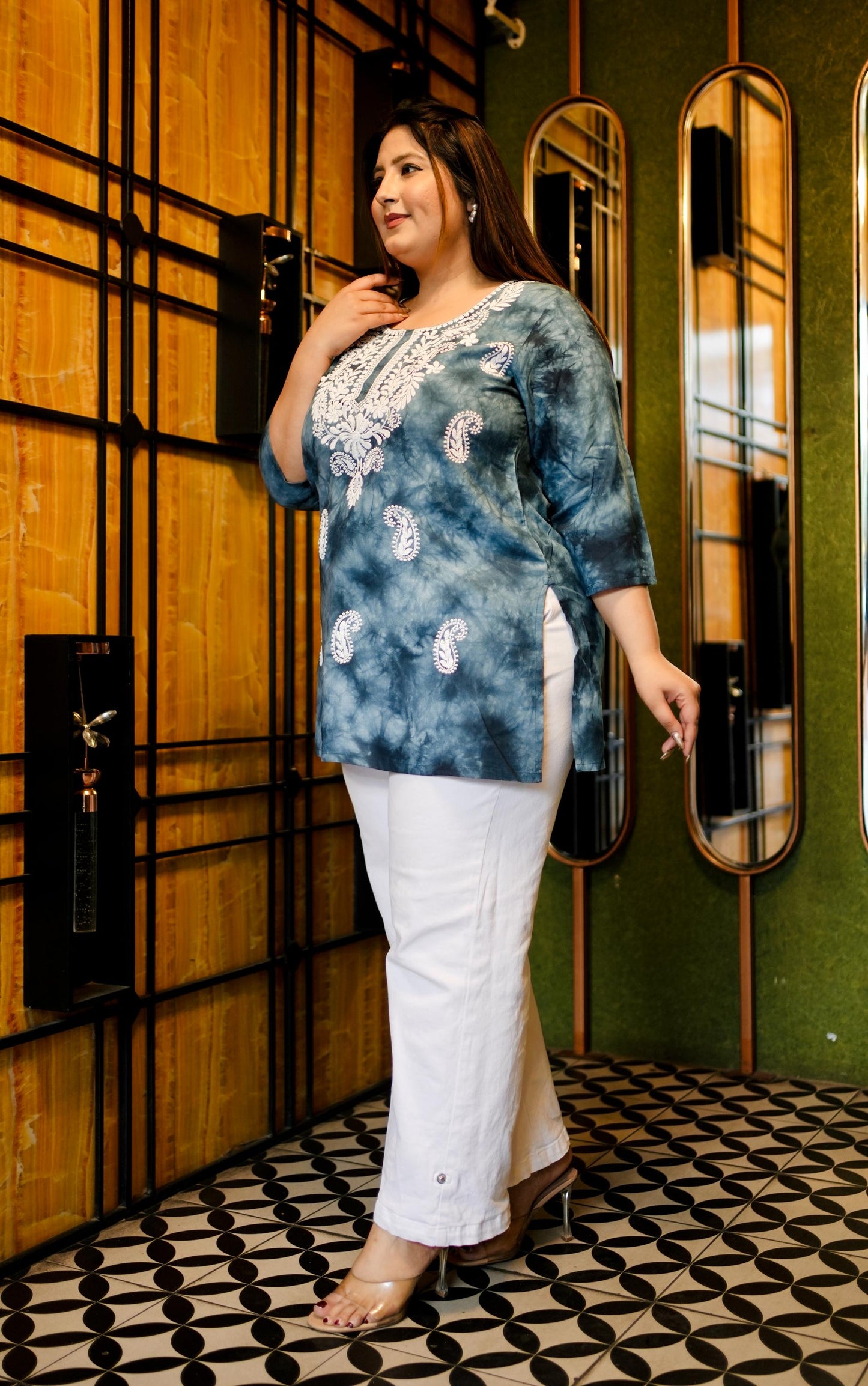 Teal Blue Embroidered Regular Top