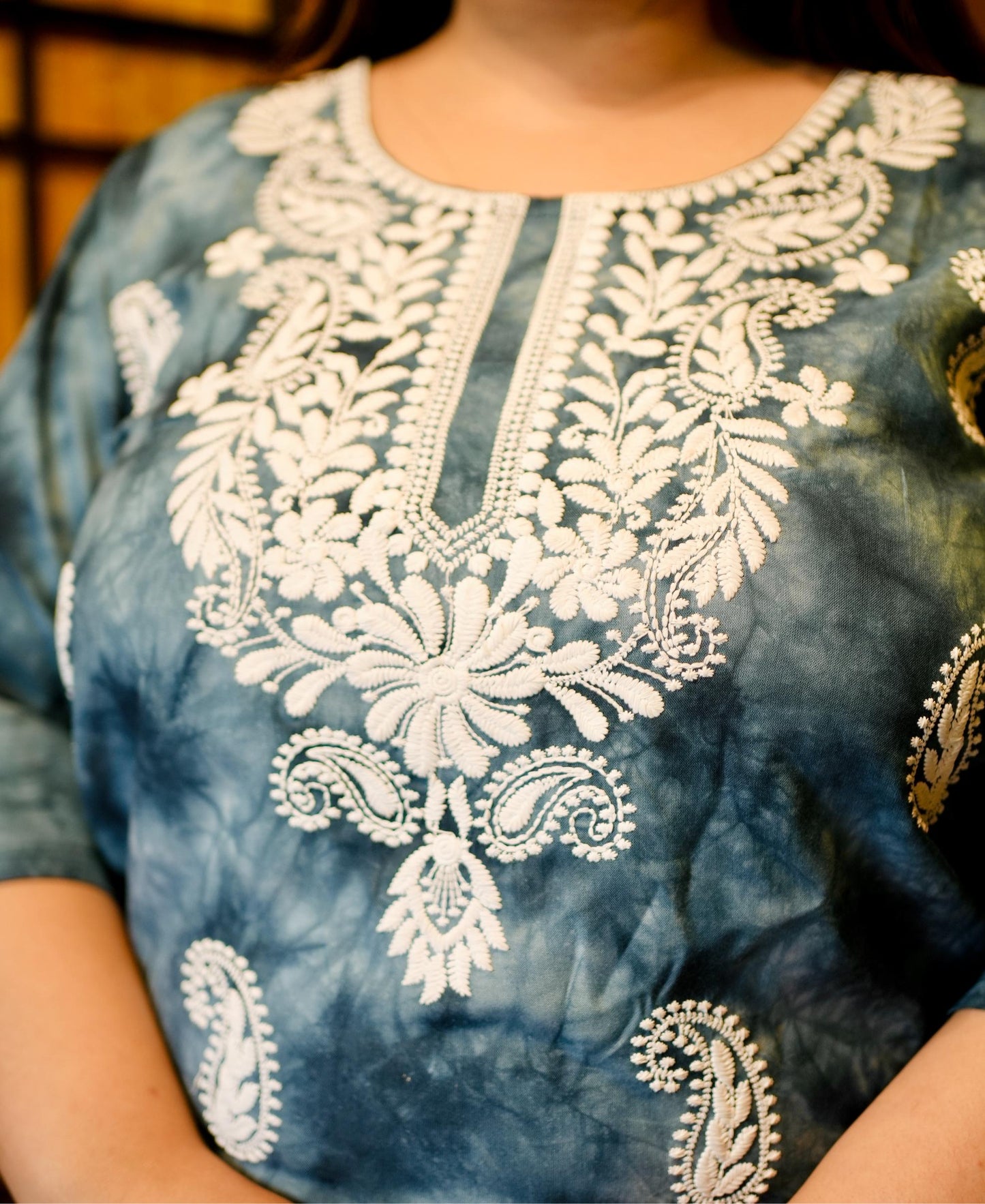 Teal Blue Embroidered Regular Top