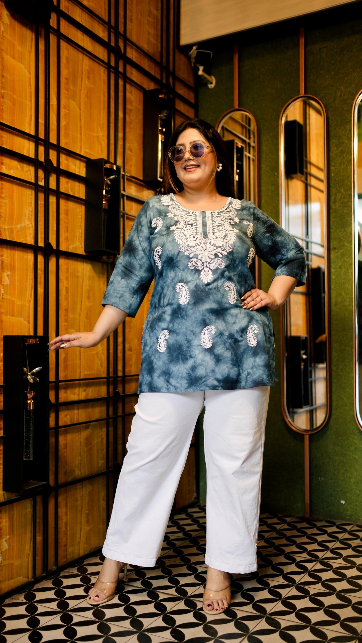 Teal Blue Embroidered Regular Top