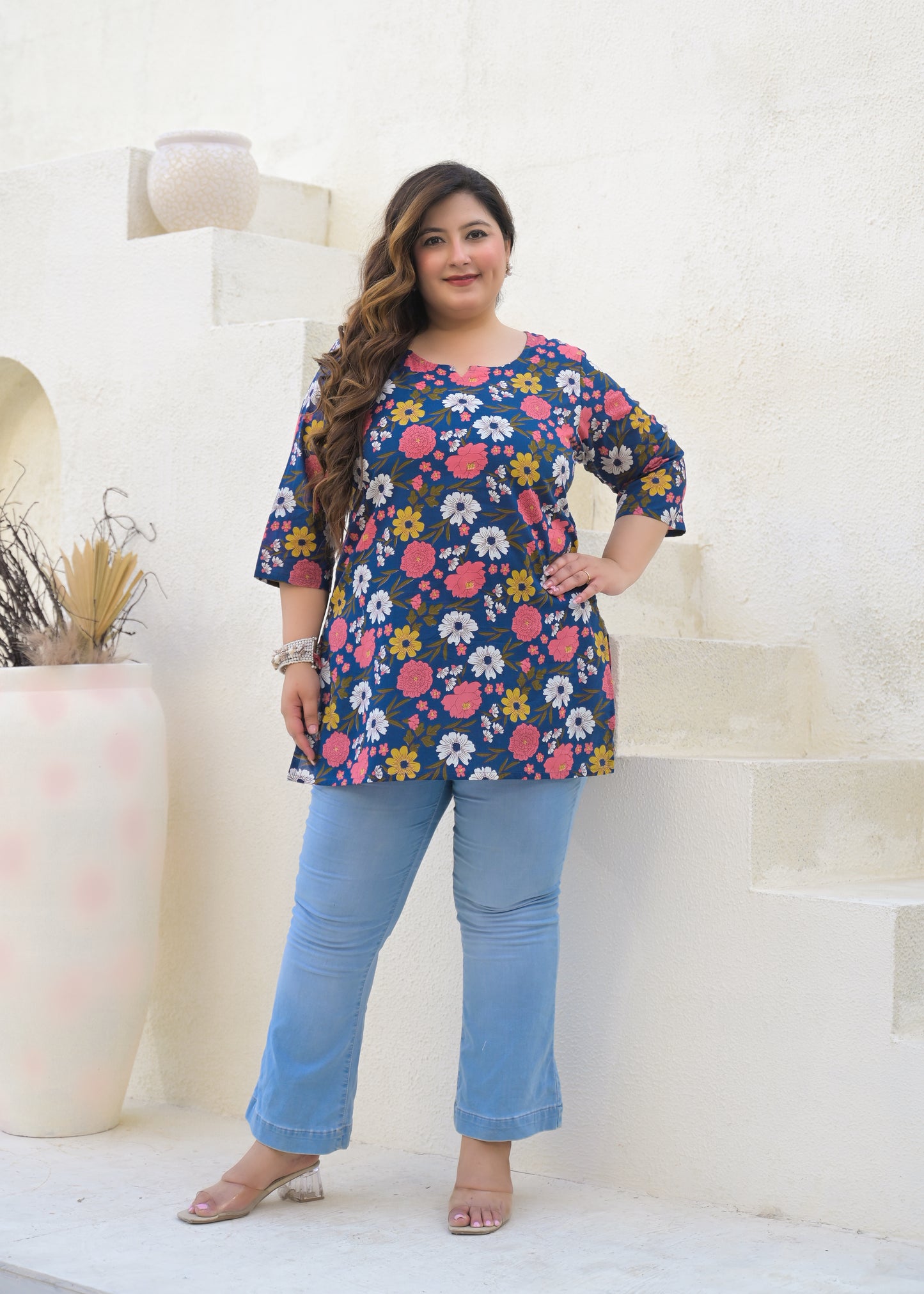 Dark Blue Printed Pure Cotton Top