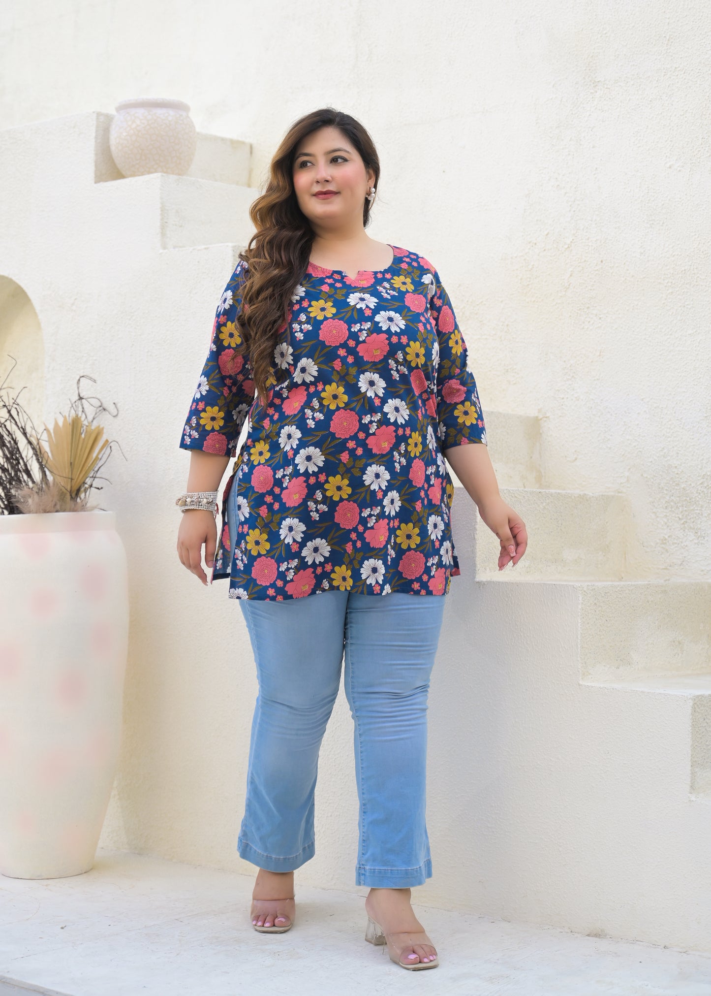 Dark Blue Printed Pure Cotton Top