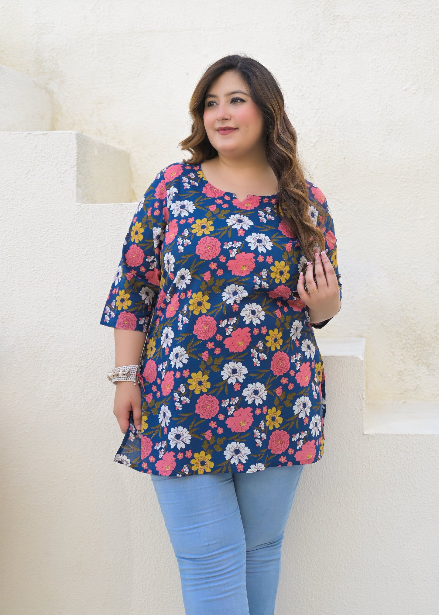 Dark Blue Printed Pure Cotton Top