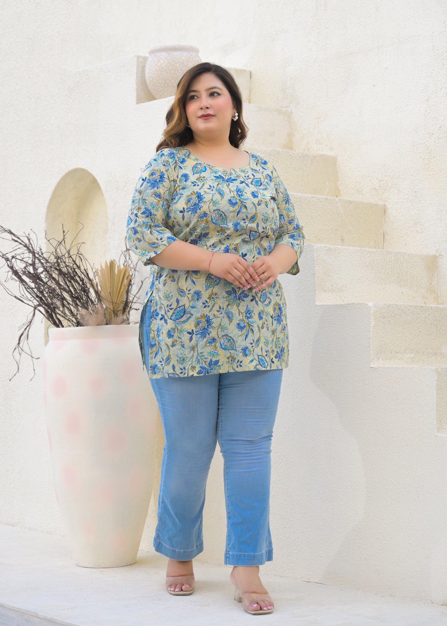 Blue Printed Pure Cotton Top