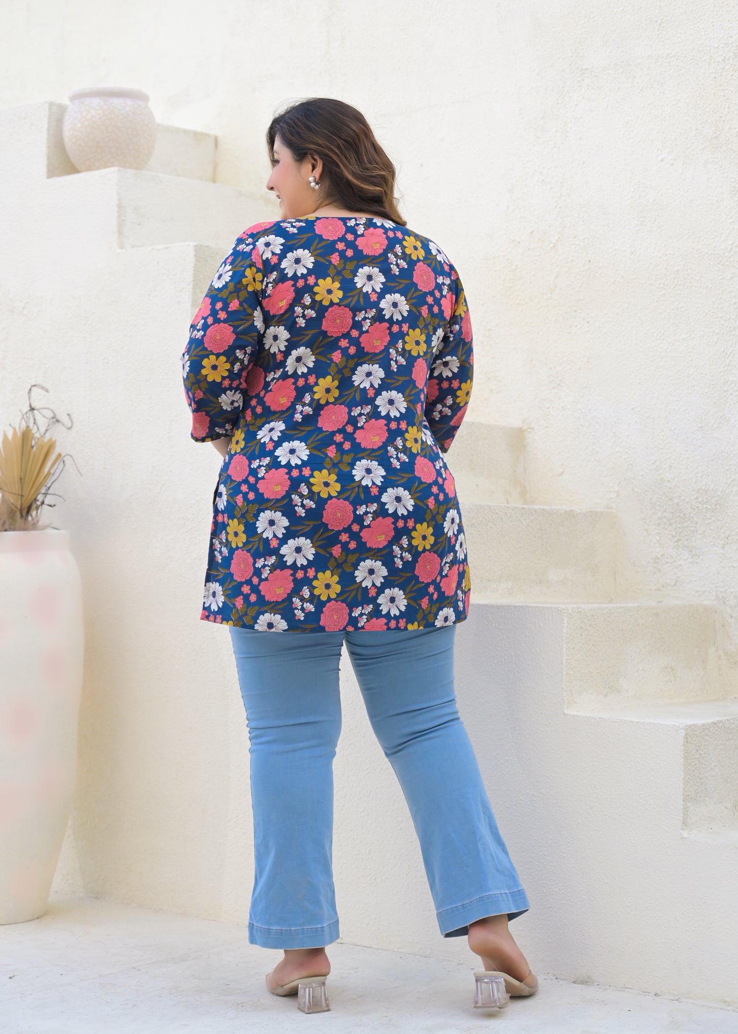 Dark Blue Printed Pure Cotton Top