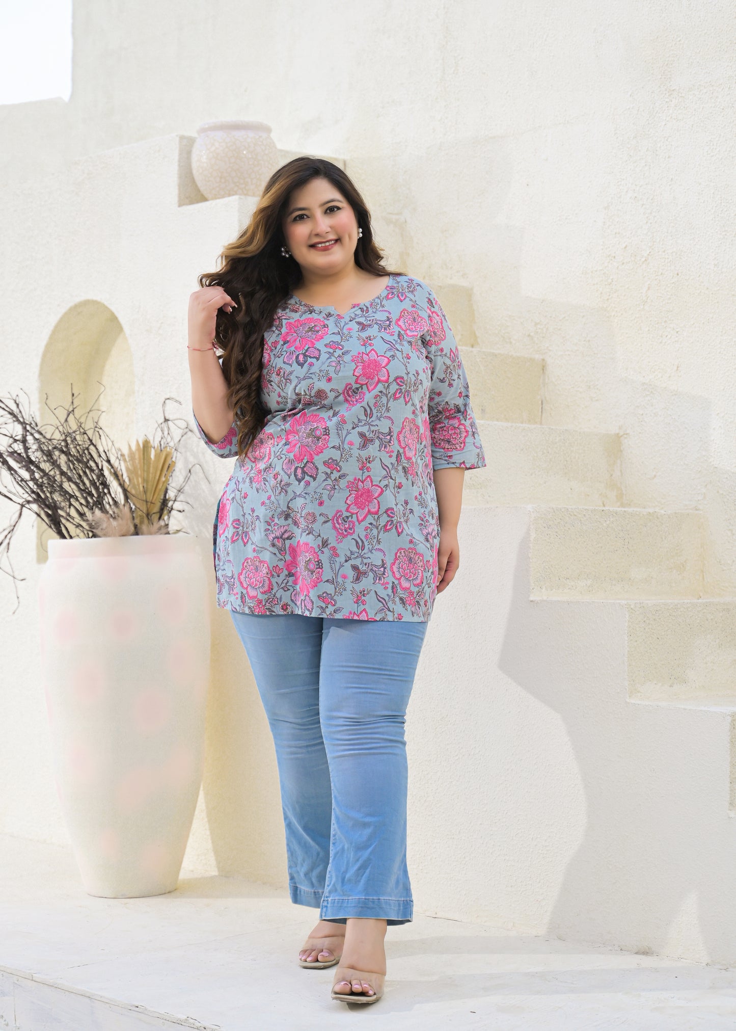 Grey Printed Pure Cotton Top