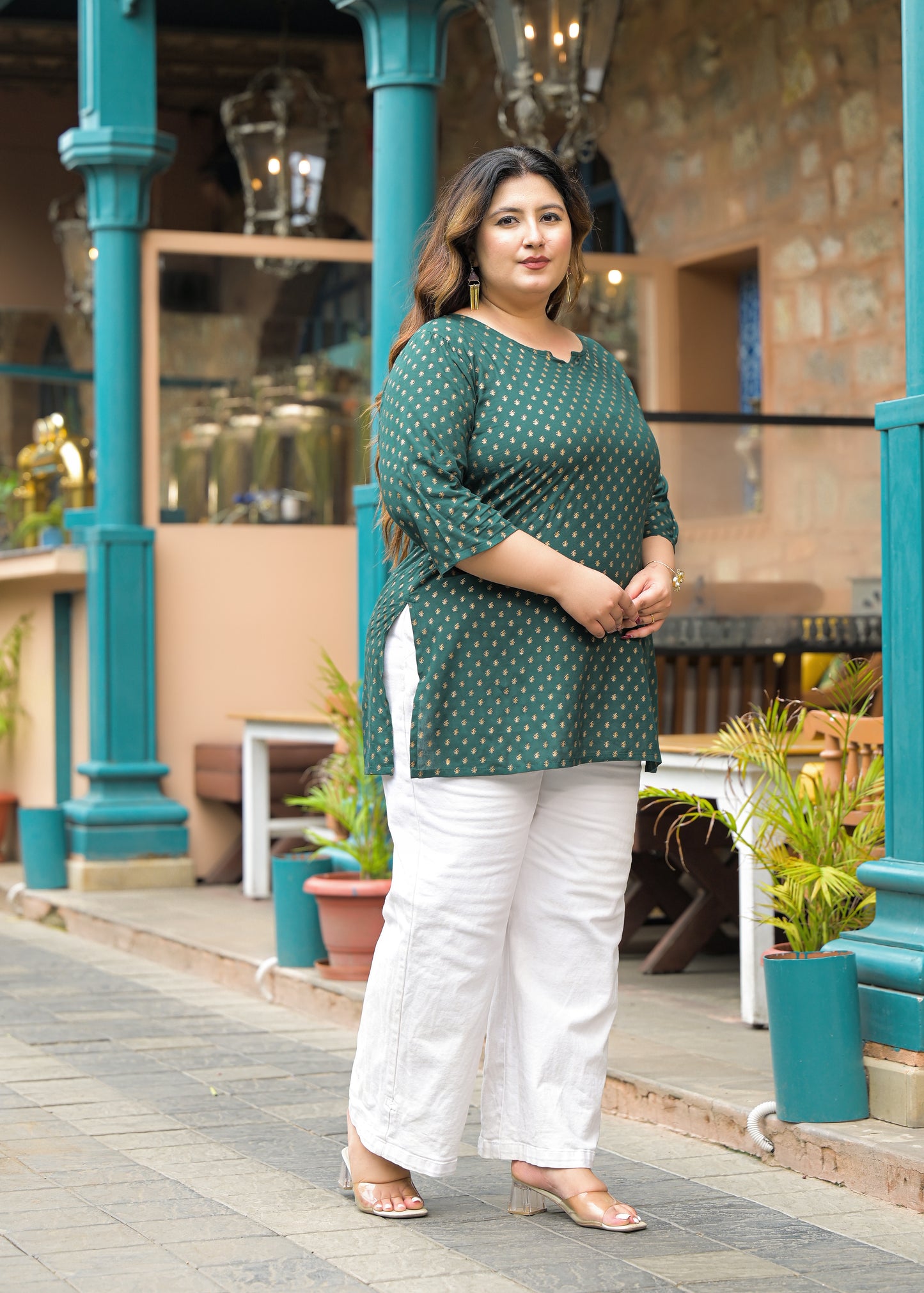 Green Gold Print Ethnic Top