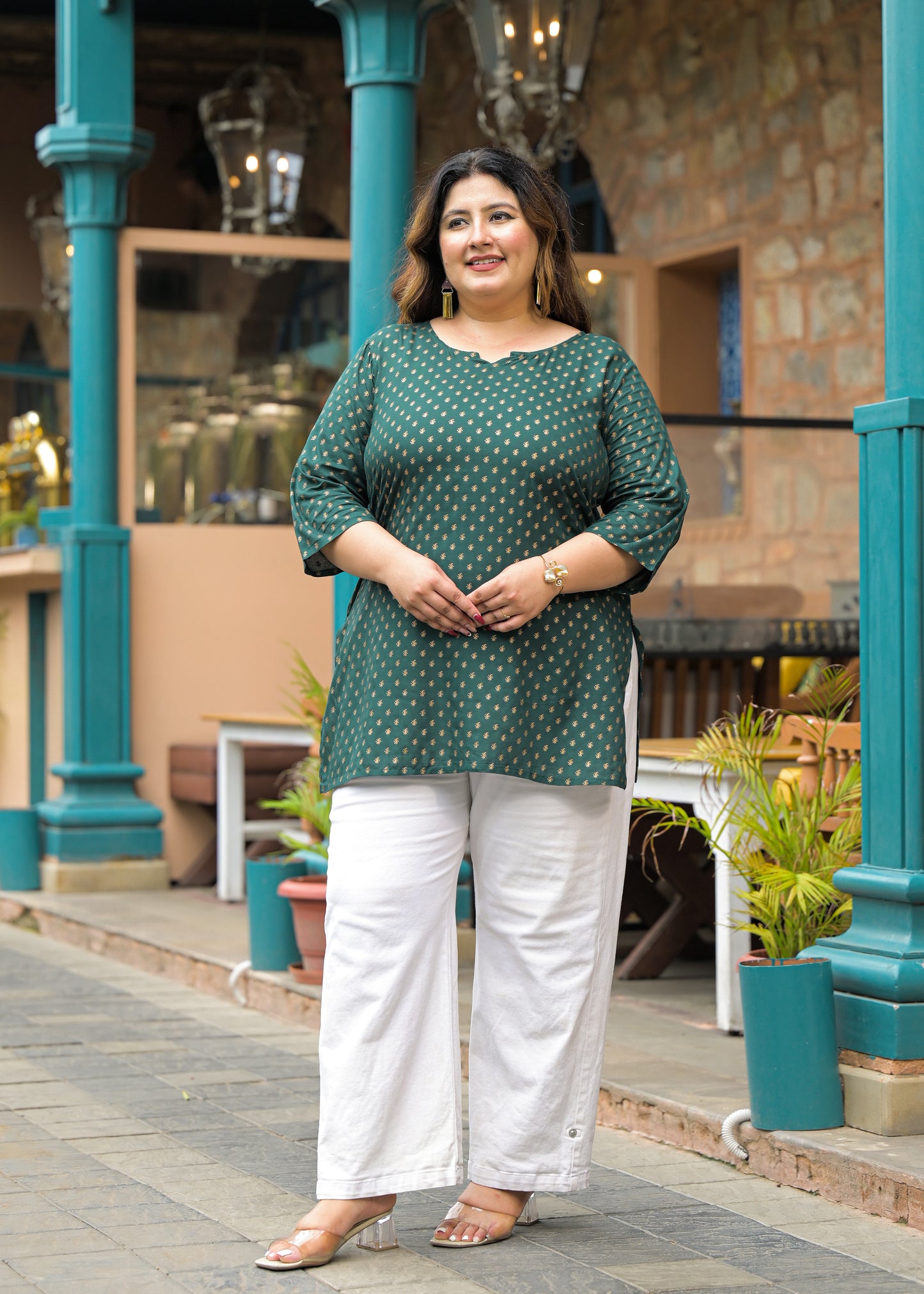 Green Gold Print Ethnic Top