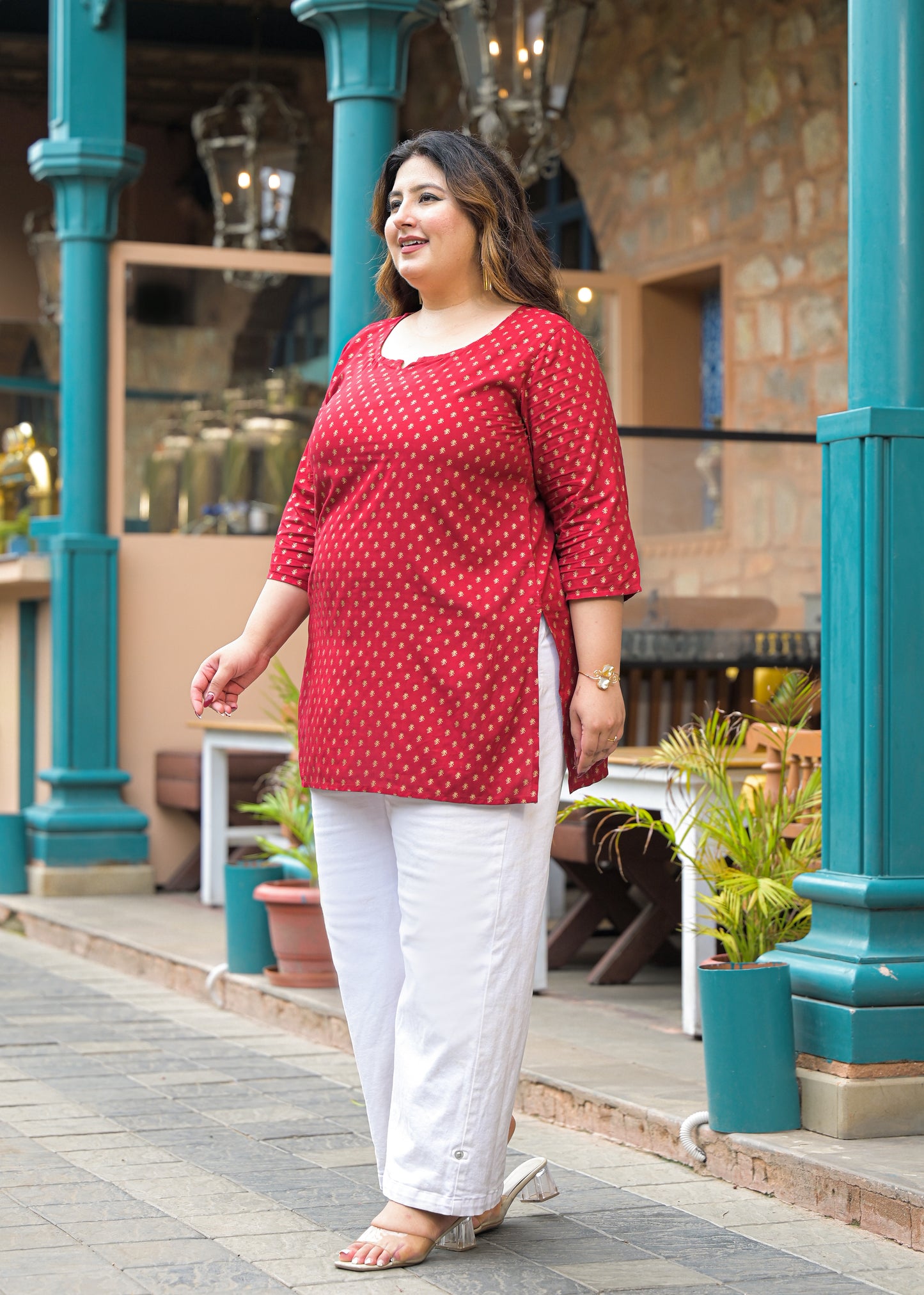 Maroon Gold Print Ethnic Top