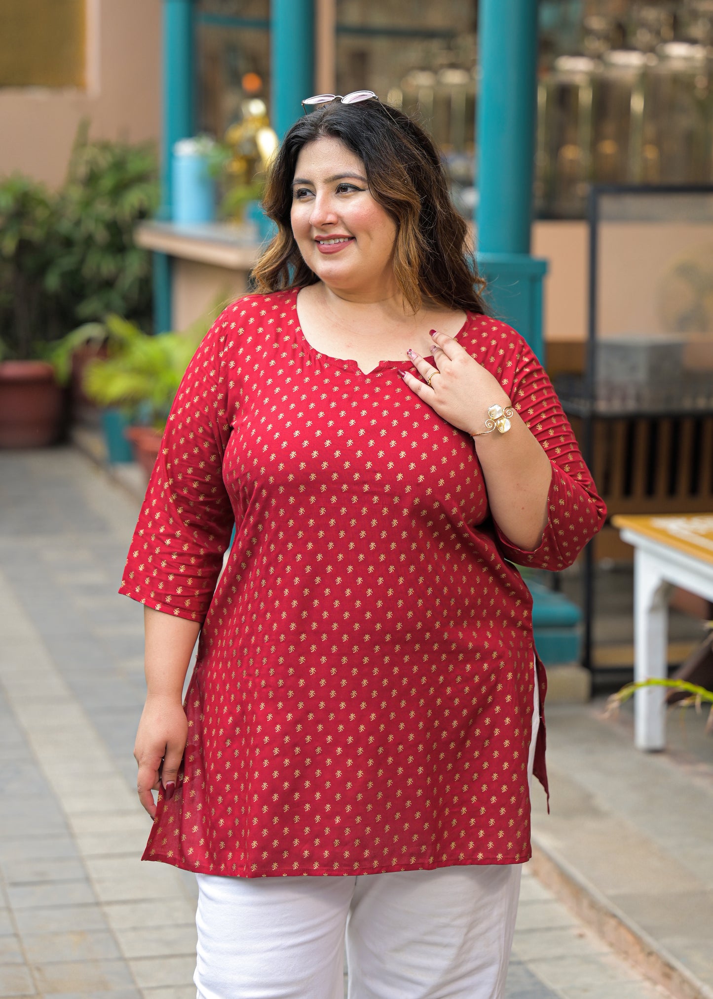 Maroon Gold Print Ethnic Top
