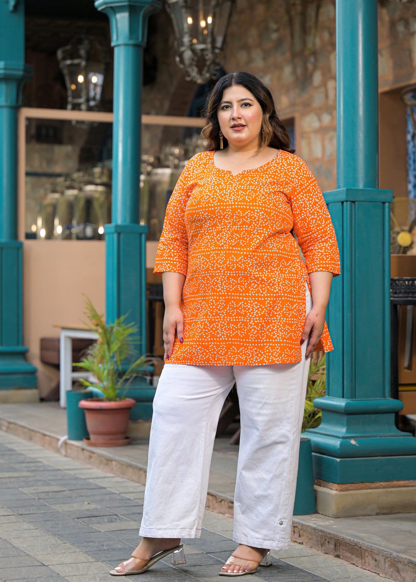 Orange Bandhani Print Ethnic Top