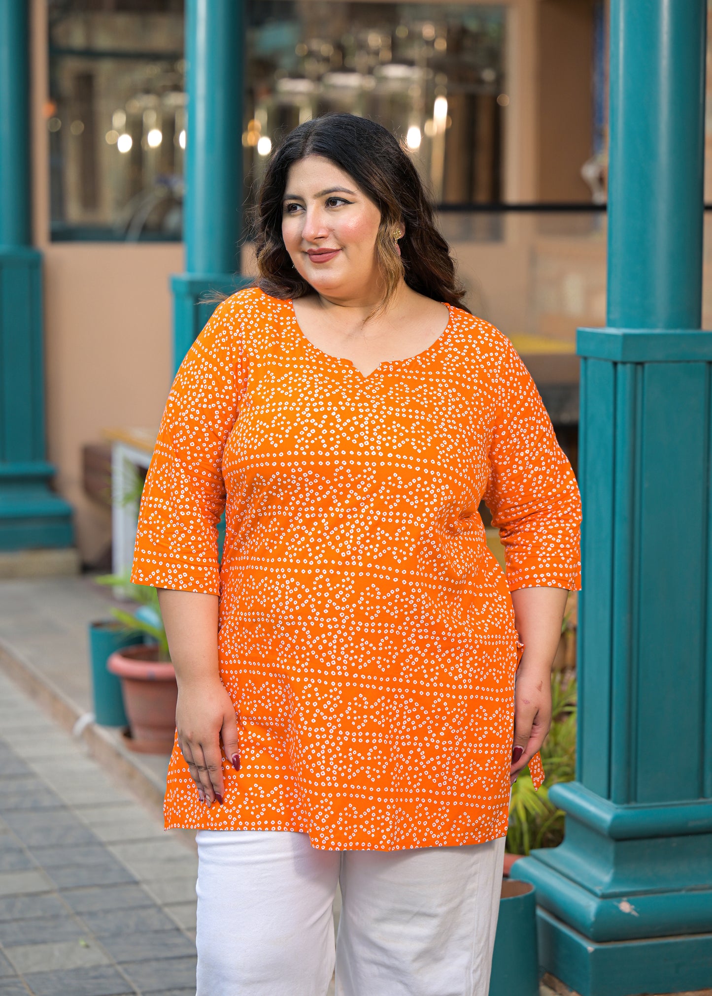Orange Bandhani Print Ethnic Top