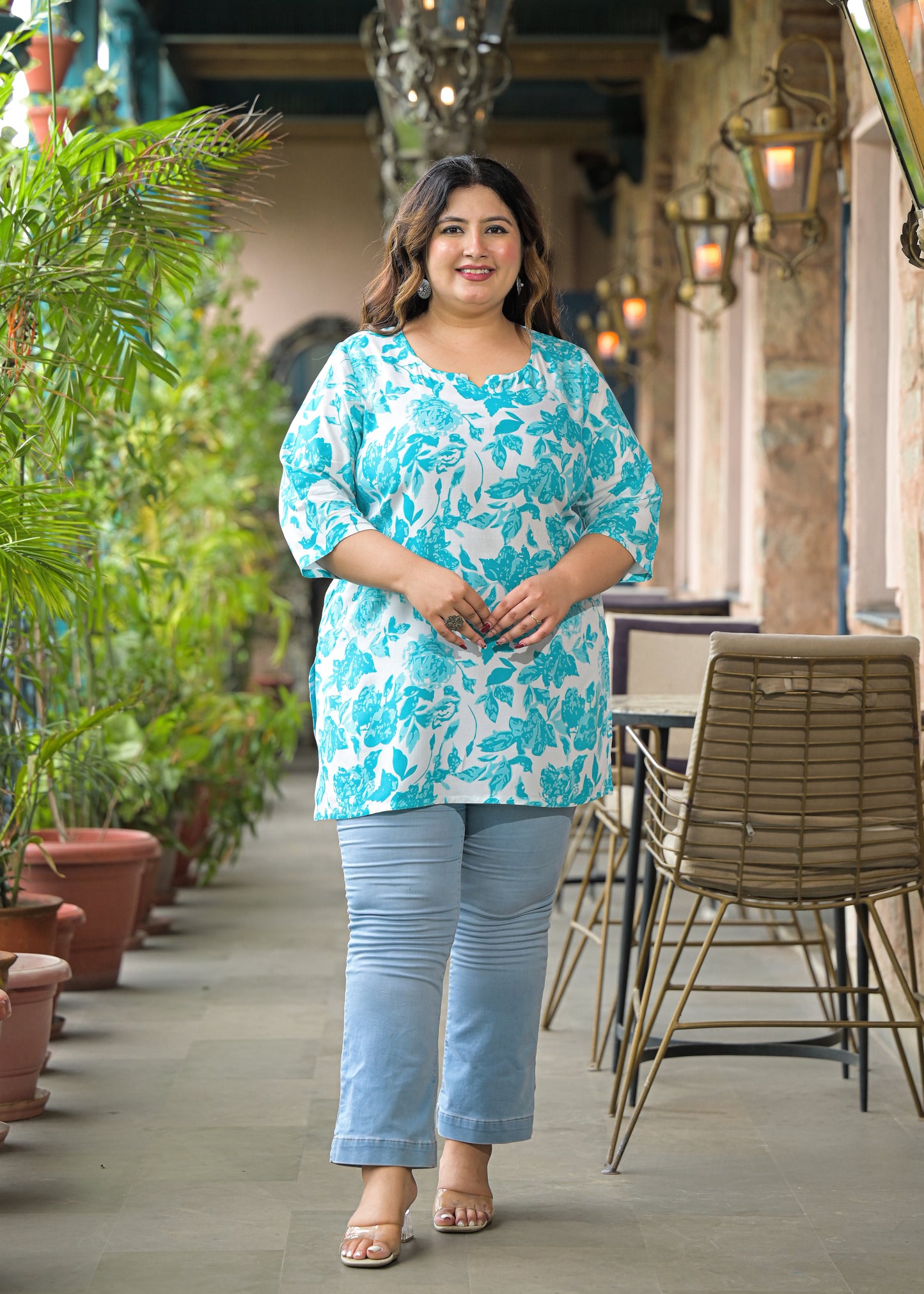Blue Floral Print Ethnic Top