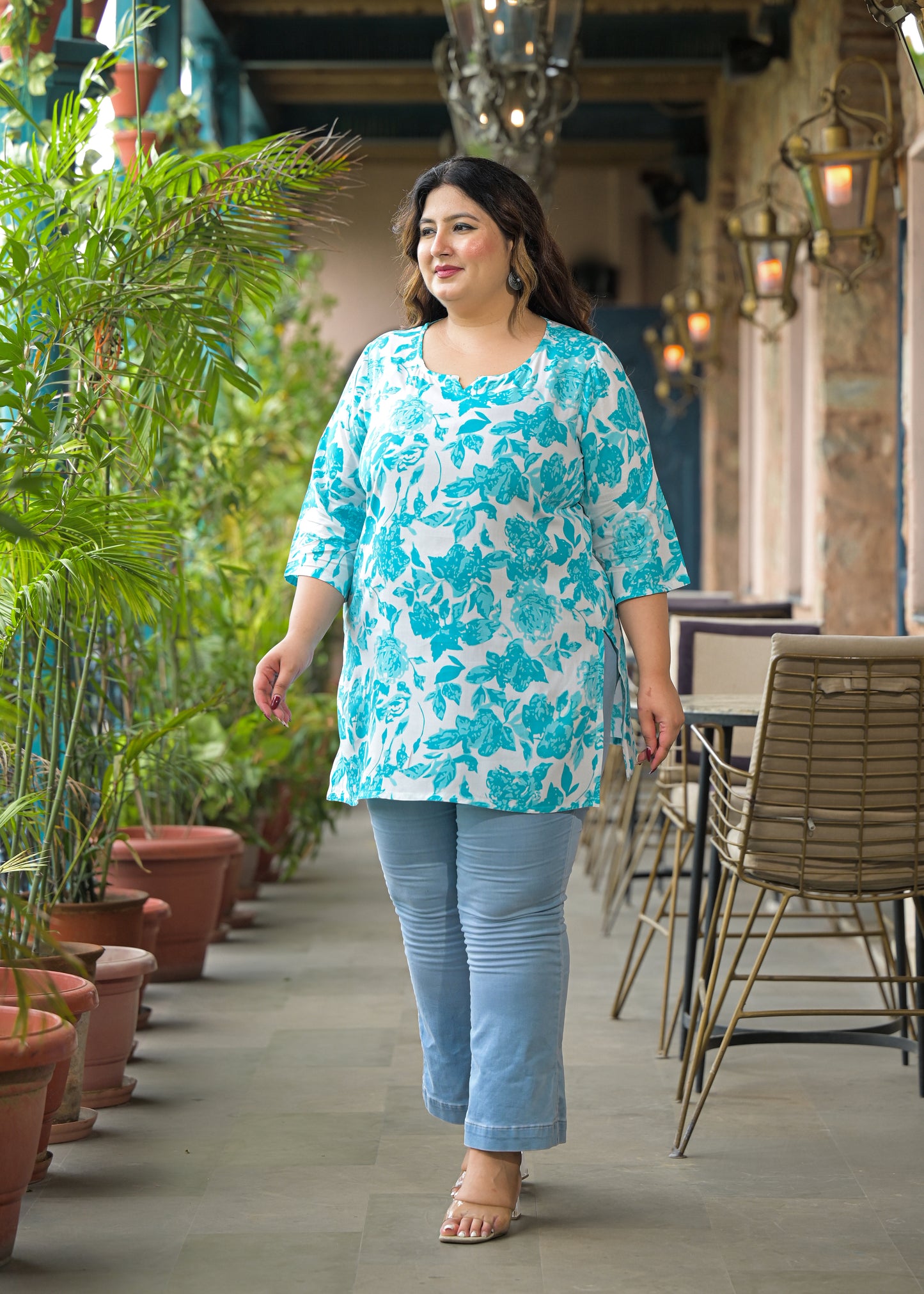 Blue Floral Print Ethnic Top